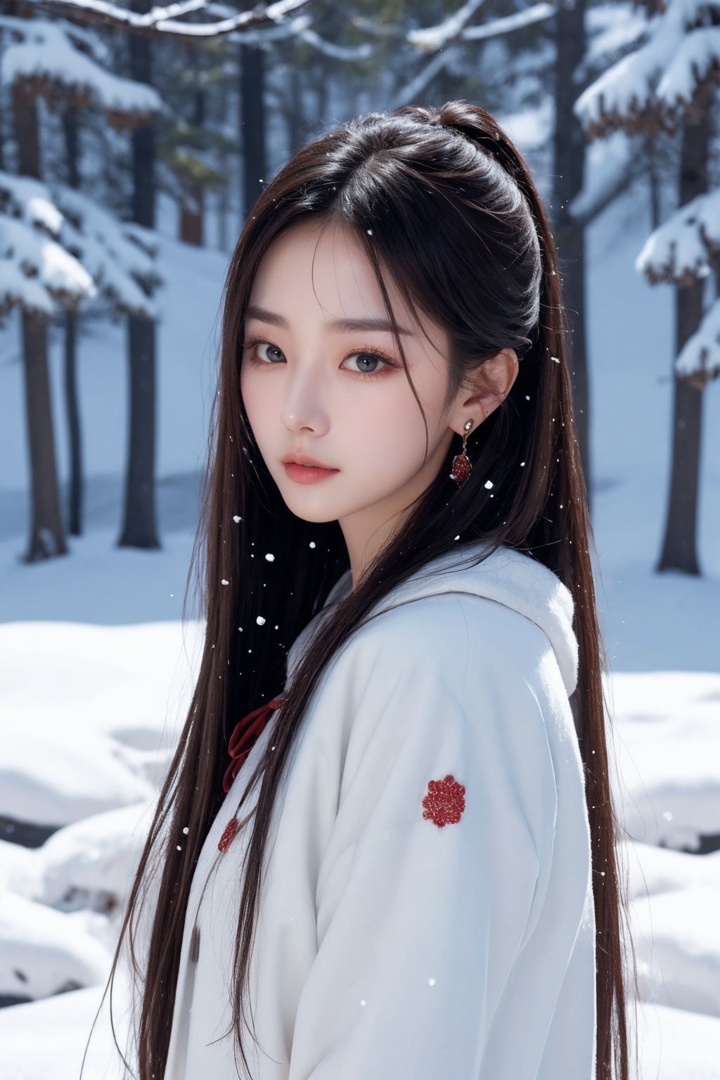 gufeng,1girl,long hair,solo,jewelry,earrings,upper body,snowing,closed mouth,lips,snow,facing viewer,ribbon,clothes,