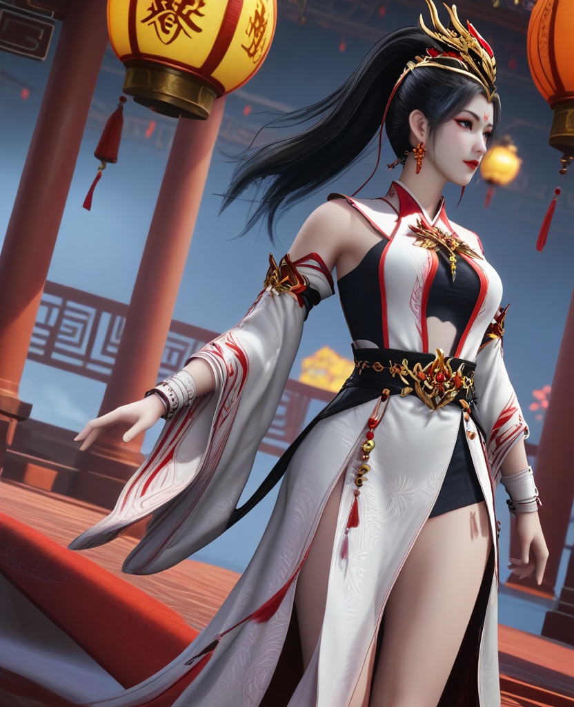 (oriental architecture, elegant decor, sophisticated style:1.1),(Standing with one foot in front, looking sideways,:1.1),Infuriated,(breasts:1.2),<lora:XL16师兄啊师兄玖酒:0.95>,miss jiujiu,white dress,forehead mark,black hair,ponytail,long hair,hair ornament,jewelry,earrings,black slip dress,black high-heeled sandals,red lips,, score_9,score_8_up,score_7_up,score_6_up,score_5_up,score_4_up,3d rendering,tag1,tag2, Cinematic Lighting,backlighting,