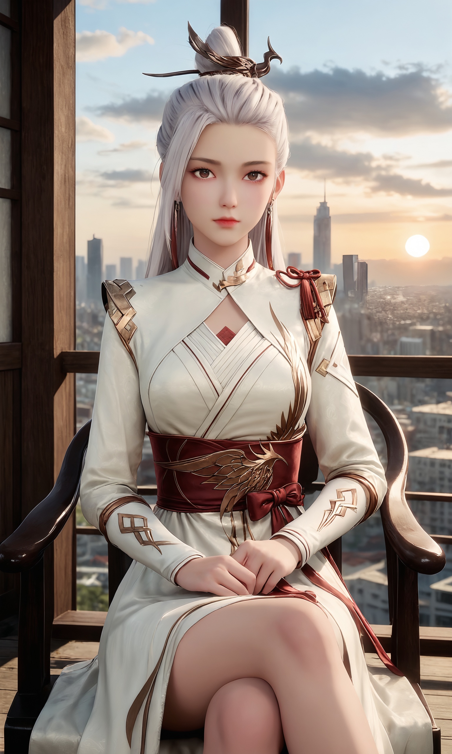 <lora:天相-白惜Pony:0.7>,1girl,white hair,jewelry,earrings,long sleeves,sash,long hair,hair ornament,brown eyes,hair stick,single hair bun,hair bun,white dress,, 1girl,solo,sitting,window,frills,sky,cloud,indoors,cityscape,closed_mouth,sun,looking at viewer,
