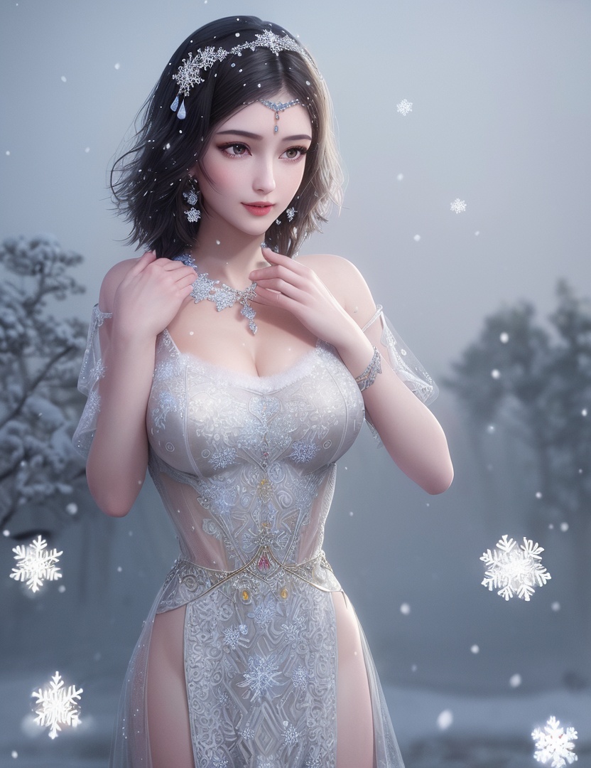 ultra realistic 8k cg, flawless, clean, masterpiece, professional artwork, famous artwork, cinematic lighting, cinematic bloom, perfect face, beautiful face, fantasy, dreamlike, unreal, science fiction,   lace, lace trim, lace-trimmed legwear, luxury, jewelry, diamond, gold, pearl, gem, sapphire, ruby, emerald, intricate detail, delicate pattern, charming, alluring, seductive, erotic, enchanting, hair ornament, necklace, earrings, bracelet, armlet,halo,autumn,((,1girl, pov,best quality, ))  , ((((1girl, solo,outdoors, large breasts,,snowflakes,  snow, snowing,   ))))    <lora:DA_BaiCai:0.7>