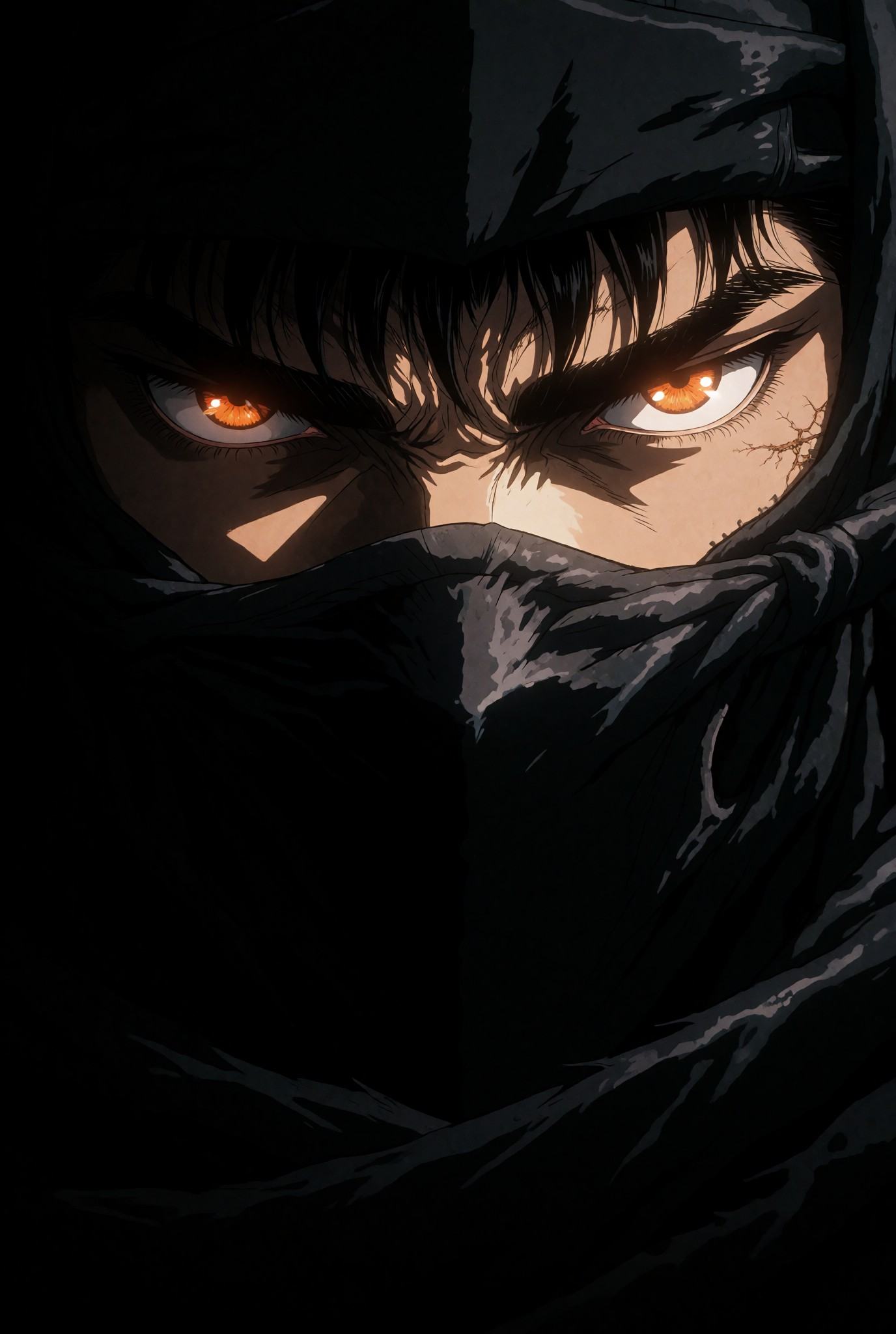 A hyper close up shot of a ninja resembling Guts from Berserk,  wearing a ninja mask over his mouth an eyes,  glowing oran...