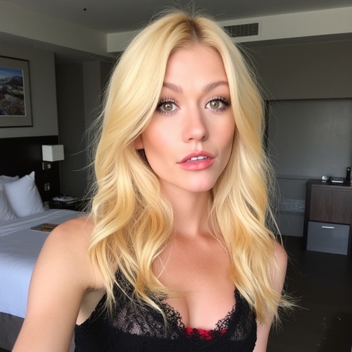 This is a photograph of a young woman with long,  wavy blonde hair that falls past her shoulders. She has fair skin,  gree...