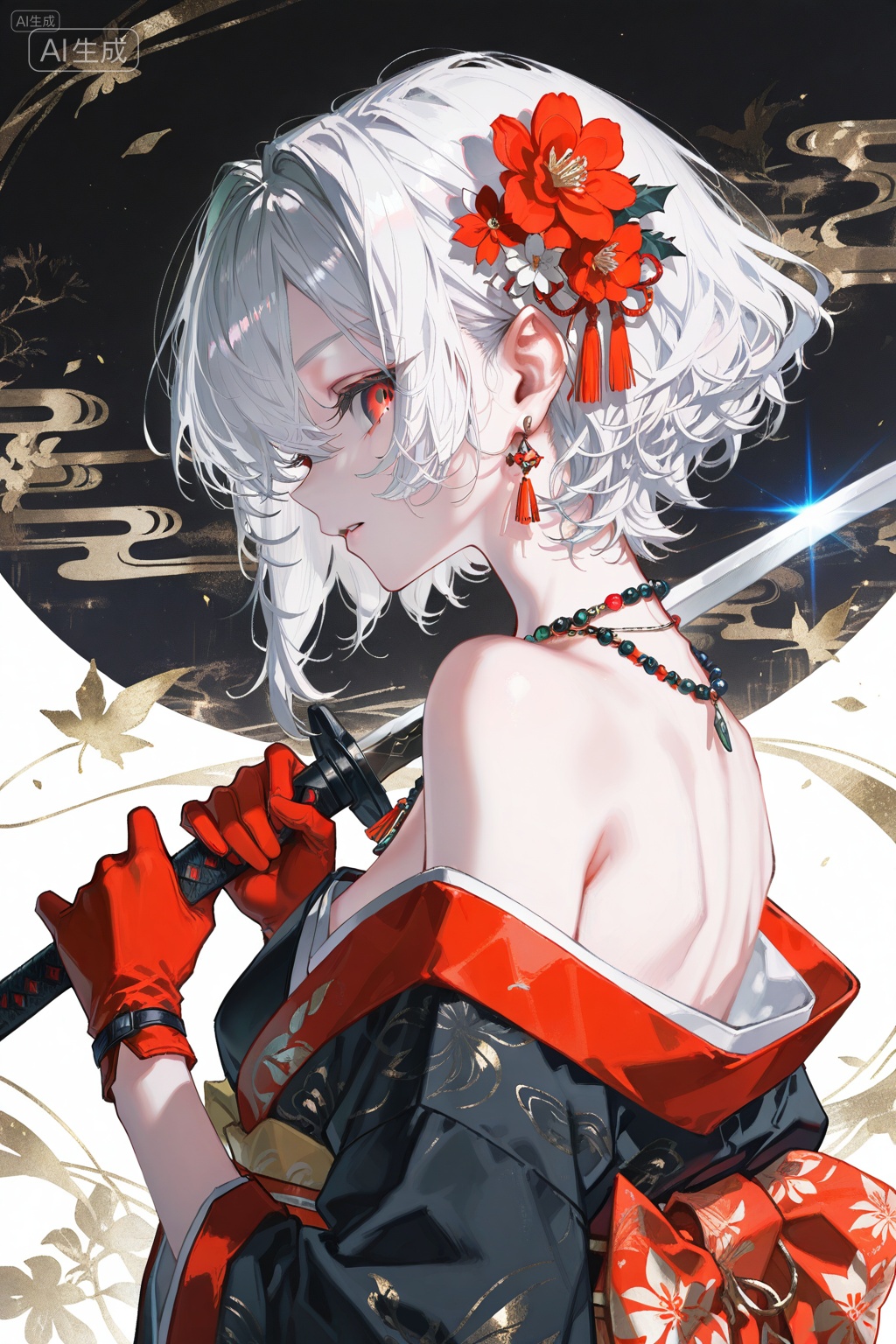 dynamic_outline,masterpiece,best quality,high quality,extremely detailed CG unity 8k wallpaper,extremely detailed,High Detail,vibrant colors,anime style,cover art,(artist:quasarcake:0.8),(mon (monmon2133):0.5),(mochizuki kei:0.95),(wlop:0.6),extreme aesthetic,masterpiece,best quality,good quality,newest,very aesthetic,absurdres,Visual impact,32K UHD,colorful,sharp focus,impactful picture,offcial art,1girl,solo,looking at viewer,short hair,hair ornament,red eyes,gloves,white background,ribbon,holding,bare shoulders,jewelry,hair ribbon,upper body,weapon,flower,white hair,earrings,parted lips,japanese clothes,sword,hair flower,kimono,necklace,holding weapon,from side,sash,profile,holding sword,obi,red gloves,beads,black kimono,, Negative prompt: (worst quality, low quality),deformed,distorted,disfigured,doll,poorly drawn,bad anatomy,wrong anatomy,sketch,jpeg artifacts,signature,watermark,artist name,old,oldest,poorly drawn hands,fused fingers,missing fingers,bad hands,mutated hands and fingers,malformed hands,,nsfw, Steps: 20, Sampler: Euler a, CFG scale: 5.0, Seed: 3076728787, Size: 1024x1536, Model hash: e62cd982e2, Model: 崩坏彩涂_1.0.safetensors, Denoising strength: 0.0, Clip skip: 2, ENSD: 31337, RNG: CPU, vae_name: automatic