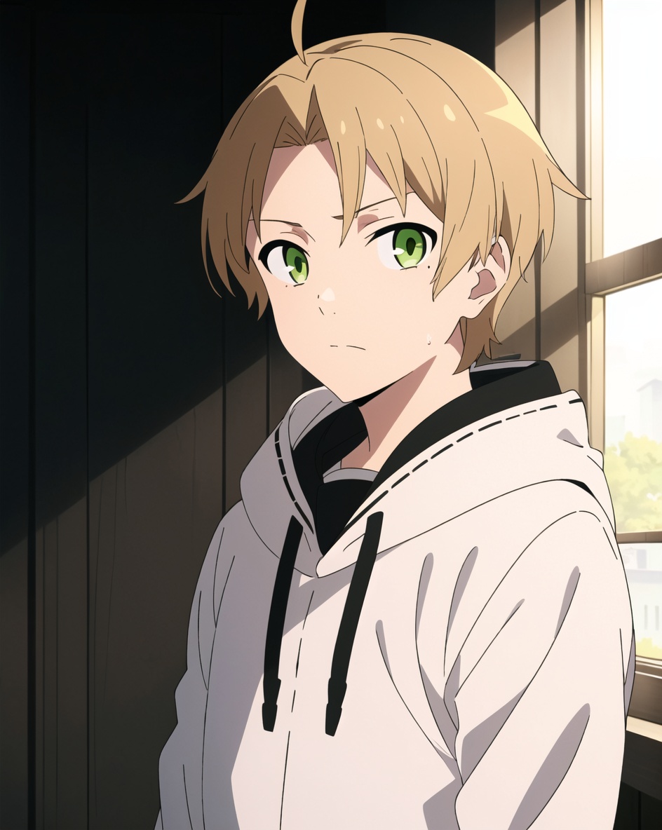 mushoku tensei style, 1boy, male focus, solo, green eyes, window, ahoge, blonde hair, indoors, looking at viewer, hood, upper body, brown hair, hood down, ((masterpiece))  <lora:mushoku_tensei_style_offset:1> 