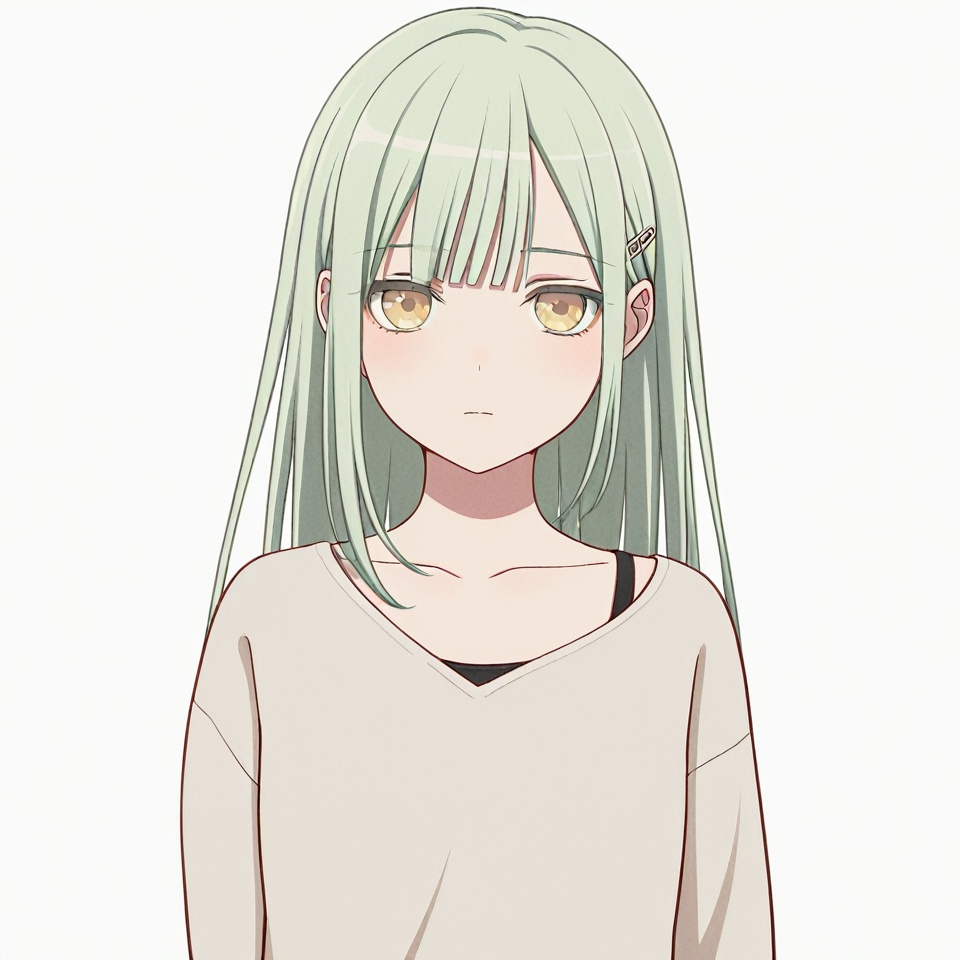 masterpiece, best quality,solo,(white background:1.2),simple background,1girl,looking at viewer,     Wakaba Mutsumi,long hair,green hair,bangs,blunt bangs,yellow eyes,hair ornament,hairclip,<lora:【BANGDREAM】mujica-若叶睦-Illustrious2pro:0.8>