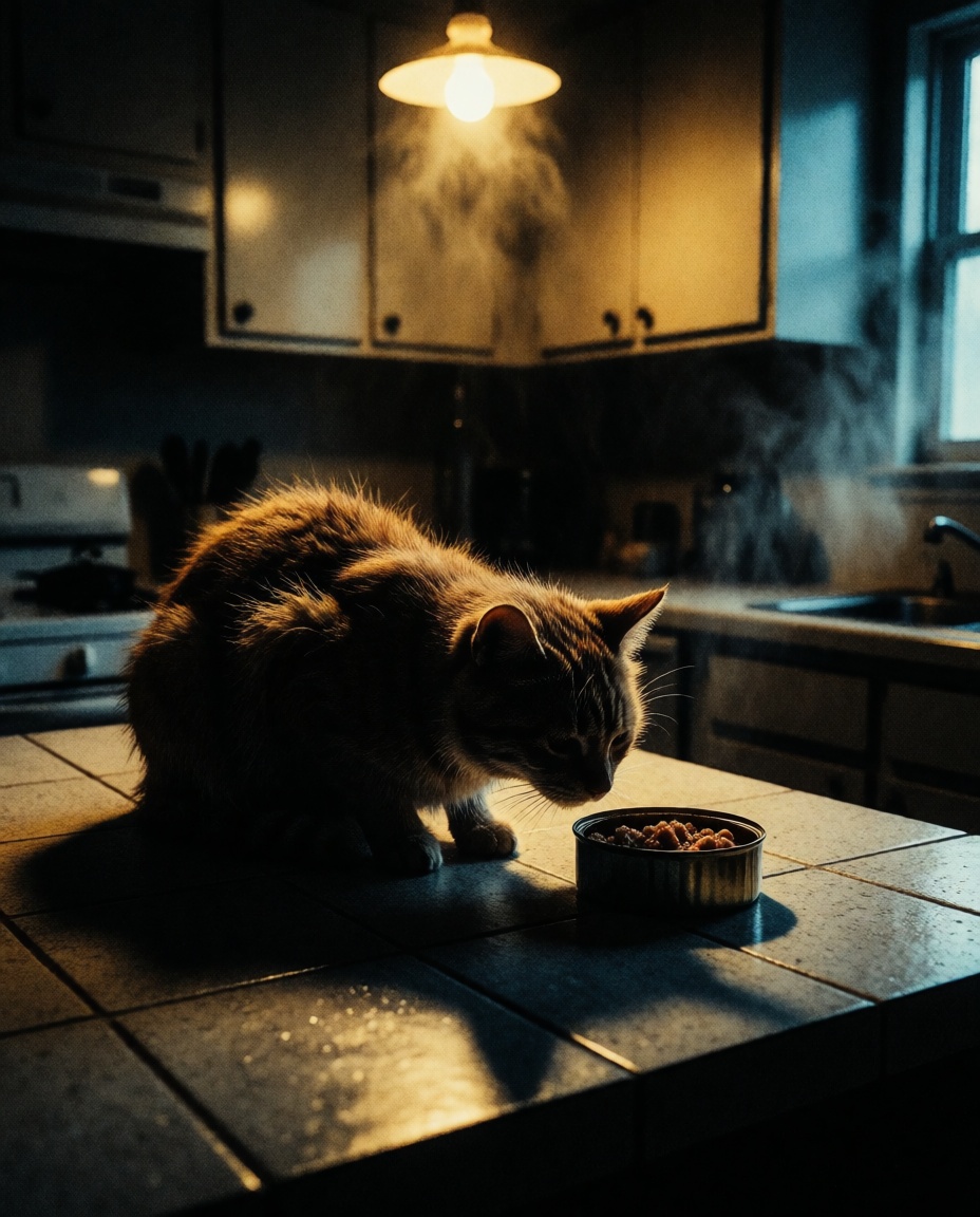 A scruffy,  ginger tabby cat crouching low on cold,  speckled ceramic tile on Tensor.Art