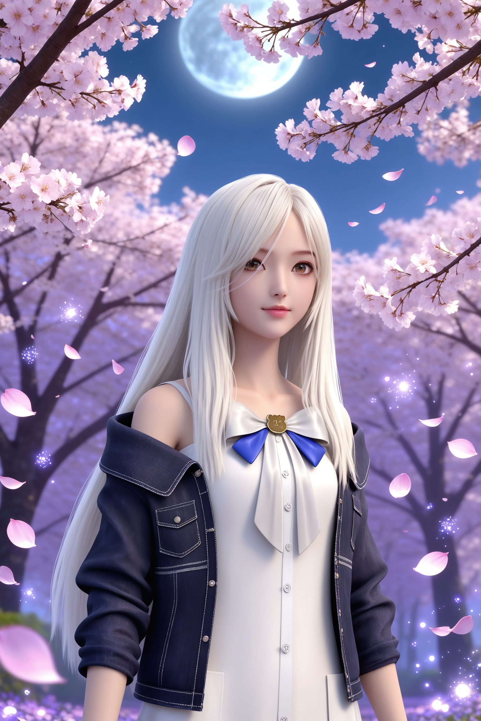 <lora:从红月开始-妹妹Pony:0.7>,1girl,long hair,white hair,white dress,denim jacket,bow,off shoulder,open jacket,socks,black footwear,, masterpiece,best quality,solo,1girl,upper body,petals,looking at viewer,moon,branch,cherry blossoms,flower,extreme aesthetic,(quasarcake:0.7),masterpiece,best quality,good quality,newest,very aesthetic,absurdres,A shot with tension,(Visual impact,giving the poster a dynamic and visually striking appearance:1.2),impactful picture,offcial art,colorful,splash of color,movie perspective,