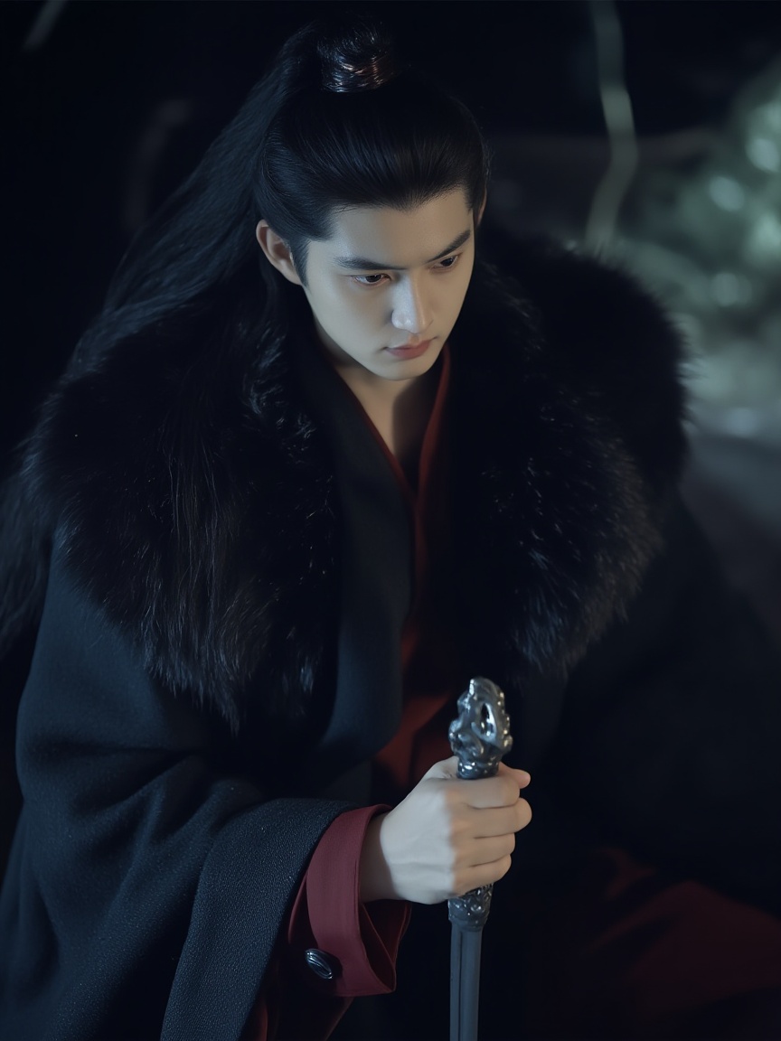 neomj,he image shows a man with long dark hair pulled back into a small bun,holding a sword . He has fair skin and is looking down slightly with a serious expression. He is wearing a dark,fur-trimmed coat over a red underlayer. The background appears to be dark and indistinct,with a hint of artificial lighting,<lora:neomj古风v9_15>,