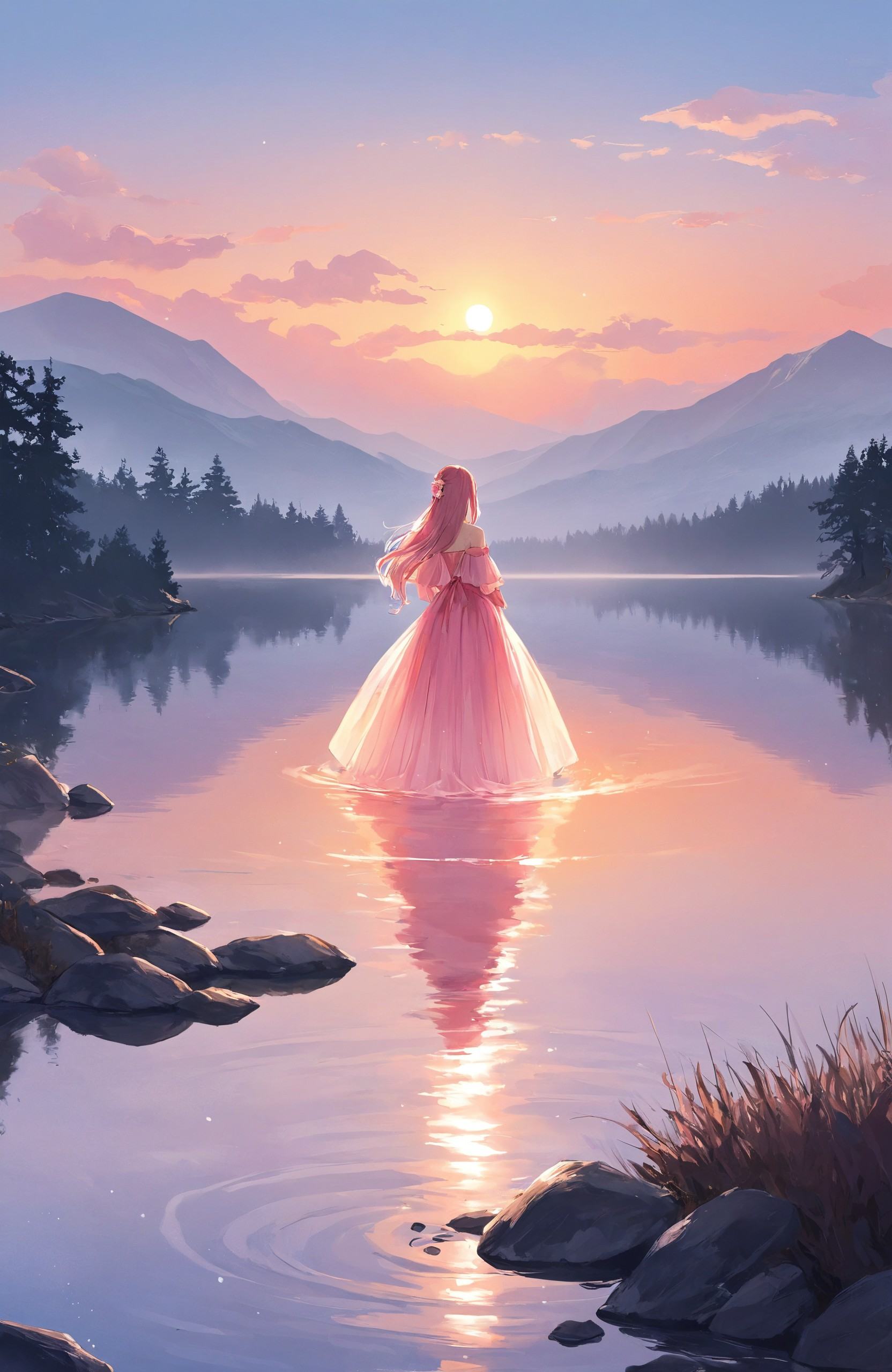 "Beautiful fantasy anime art style, depicting a young girl standing by a tranquil lake surrounded by pink mist. The water is clear, reflecting the pastel pink and orange hues of the sky, while the mist gives the scene a surreal, otherworldly quality. The girl wears a flowing pink gown, and her long hair cascades down her back, blending with the mist around her. The scene evokes a sense of calm and wonder, as if she is the spirit of the lake, connected to the beauty of the pink-hued world around her."