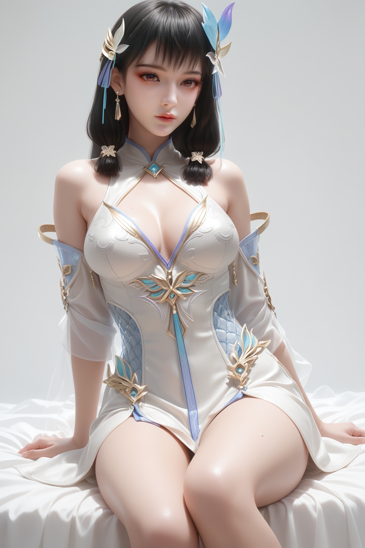 score_9,score_8_up,score_7_up,<lora:wy_yunluo_hs_XL7.0:0.8>,1girl,long hair,breast,medium breast,earrings,hair_ornament,dress,white dress,black hair,brown eyes,medium breasts,thick_thighs,bed,sitting,sweat,white_background,