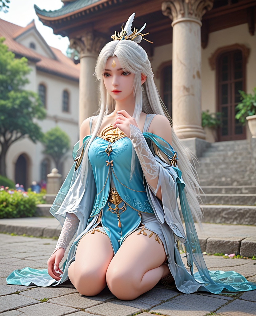 (oriental architecture, elegant decor, sophisticated style:1.1),Kneeling with one knee on the ground, the other foot raised,,(breasts:1.2),<lora:XL完美世界银凰雪琳:0.9>,miss xuelin,solo,blue topwear,see-through shawl of green,side slit maxiskirt of silver,blue eyes,eyelashes,bangs,forehead mark,white hair,long hair,hair ornament,jewelry,bare shoulders,lips,hanging hair,opera sleeves,, zPDXL2, score_9, score_8_up, score_7_up BREAK realistic, masterpiece,best quality, highly detailed,, zPDXL3, zPDXL2,zPDXL, zPDXLxxx, zPDXLrl,