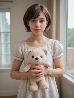 score_9, score_8_up, score_7_up, score_6_up, score_5_up, score_4_up,1girl, solo, looking at viewer, short hair, brown hair, dress, holding, upper body, short sleeves, indoors, lips, window, watermark, stuffed toy, stuffed animal, teddy bear, realistic, holding stuffed toy