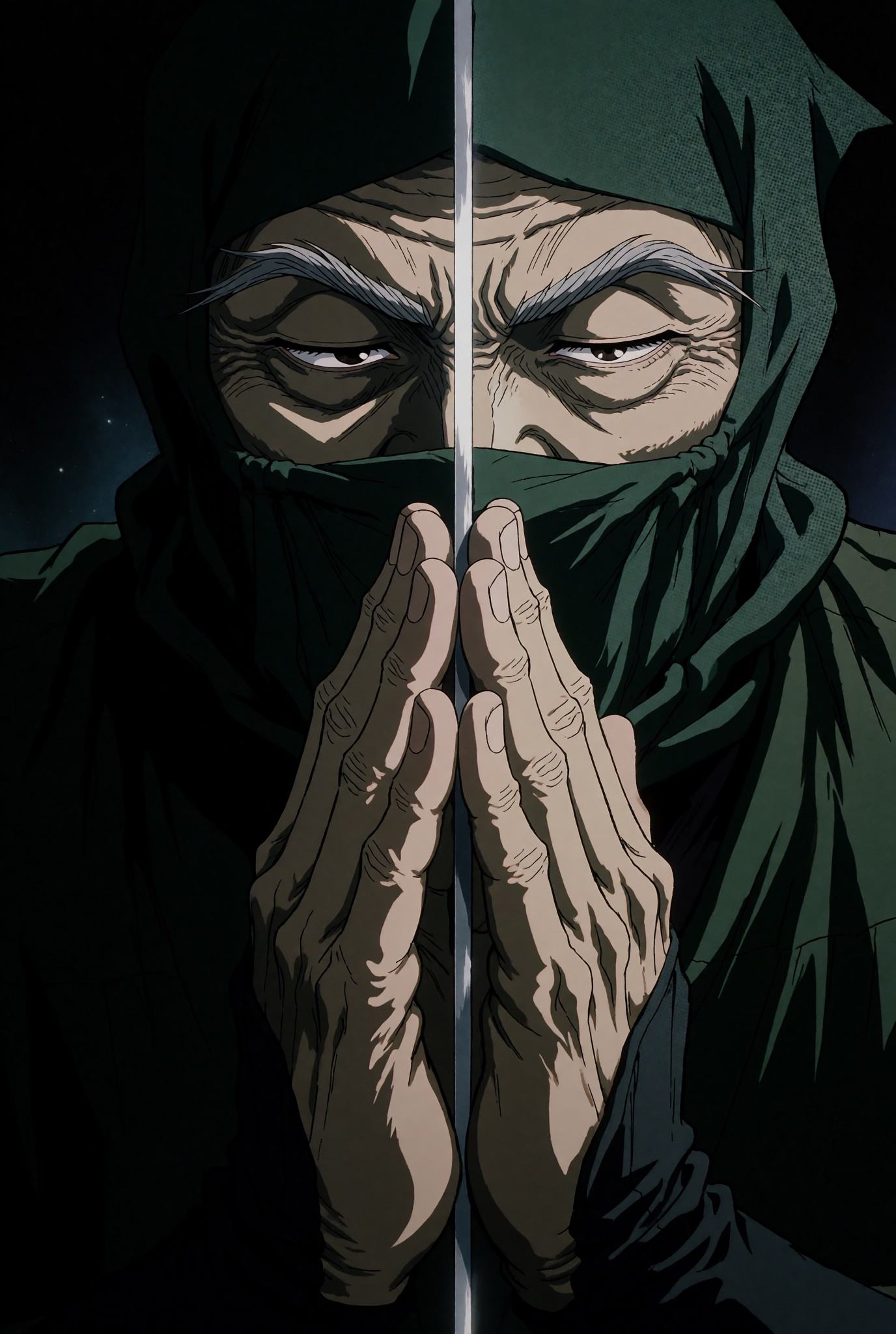 A dark close up portrait of an old man wearing a dark green ninja cowl that completely covers his head,  neck,  and lower...