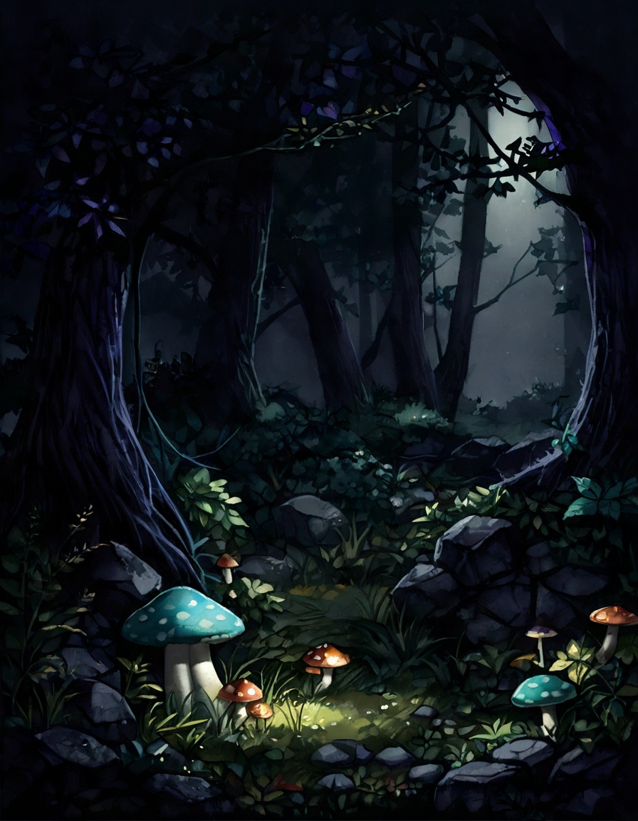 dark ambiance, deep wild untamed forrest, beautiful old trees, bushes, shrubs, mossy rocks, leafy branches, foliage, weeds, plants, mushrooms, best quality, extemely detailed, cinematic, (dark lighting, dark ambiance, middle of the night:1.3)