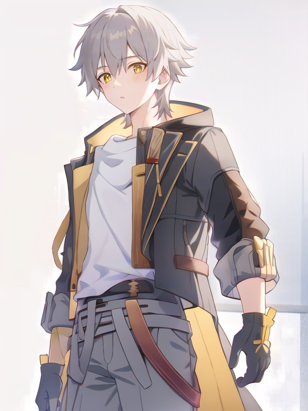 <lora:trailblazer:1>,trailblazer,1boy,male focus,gloves,short hair,white hair,bangs,yellow eyes,white shirt,jacket,pants,belt,open jacket,jewelry,coat,grey background,cowboy shot,, (masterpiece,best quality,ultra_detailed,highres,absurdres:1.2)