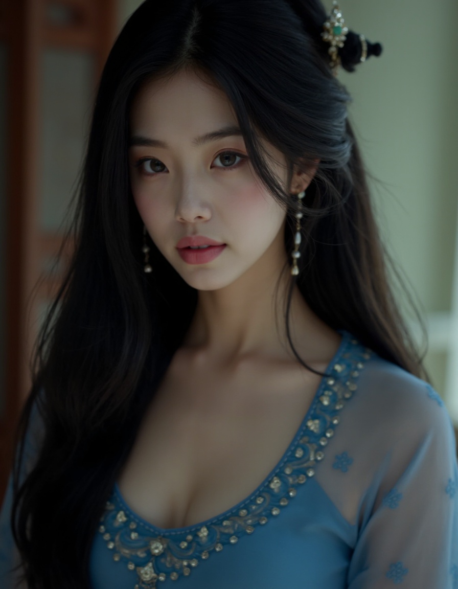 HDR photo of cinematic film still 1girl, solo, jewelry, long hair, realistic, earrings, looking at viewer, black hair, upper body, hair ornament, blue dress, dress, cleavage, closed mouth, brown eyes, chinese clothes, see-through, . shallow depth of field, vignette, highly detailed, high budget, bokeh, cinemascope, moody, epic, gorgeous, film grain, grainy . High dynamic range, vivid, rich details, clear shadows and highlights, realistic, intense, enhanced contrast, highly detailed