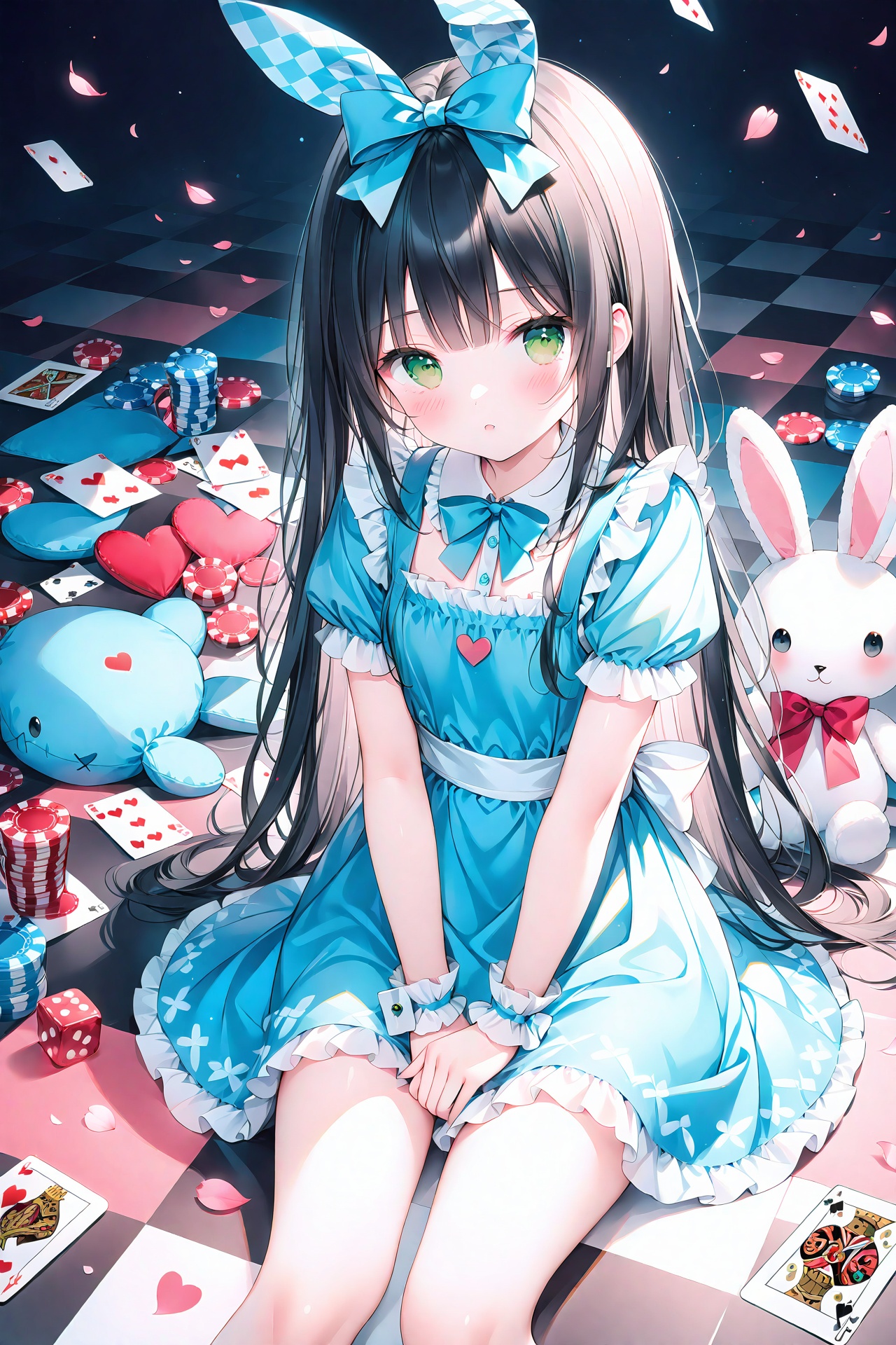 masterpiece,best quality,1girl,long hair,green eyes,checkered floor,stuffed toy,stuffed animal,solo,dress,black hair,bow,hair bow,playing card,card,stuffed bunny,petals,looking at viewer,blush,wrist cuffs,blue dress,apron,short sleeves,heart,frills,sitting,bangs,