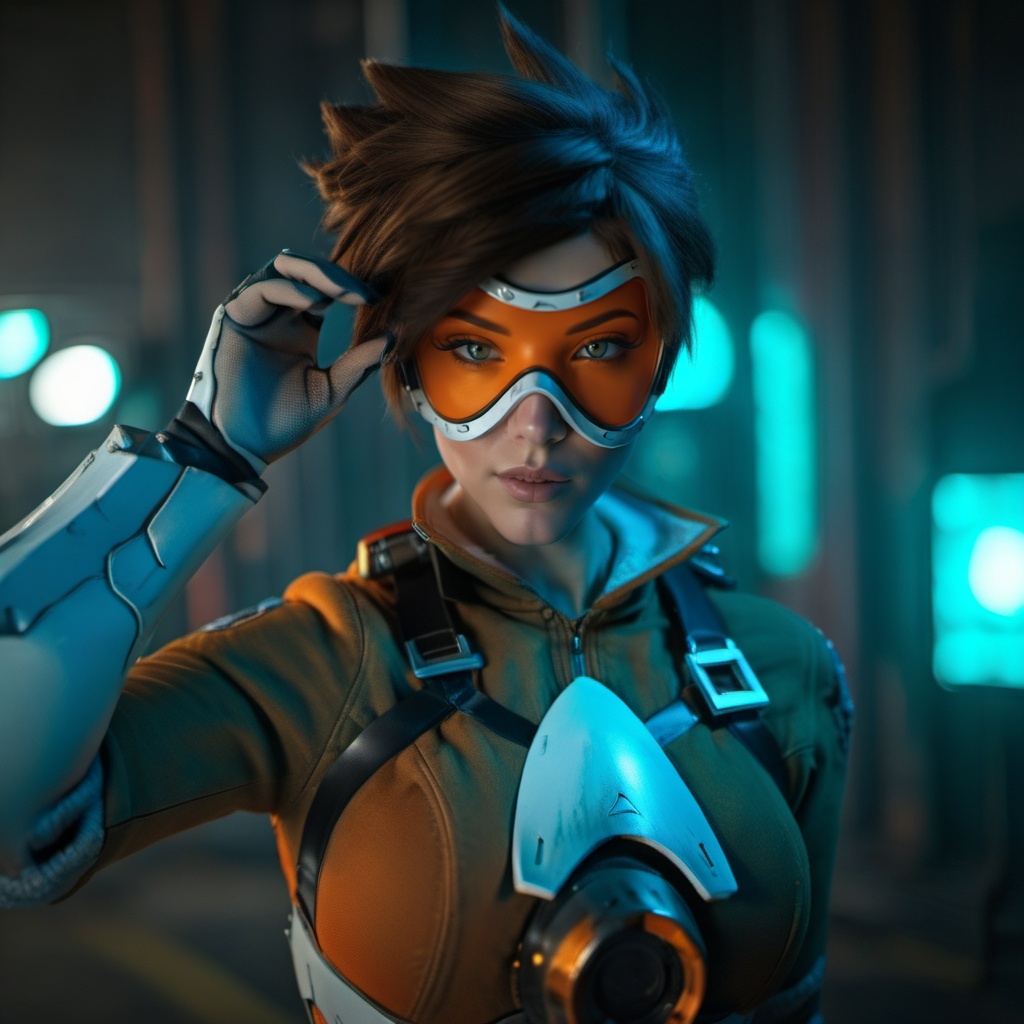 cinematic photo a woman with an orange glassmask in a futuristic cyberpunk background,  neon lights . 35mm photograph,  fi...