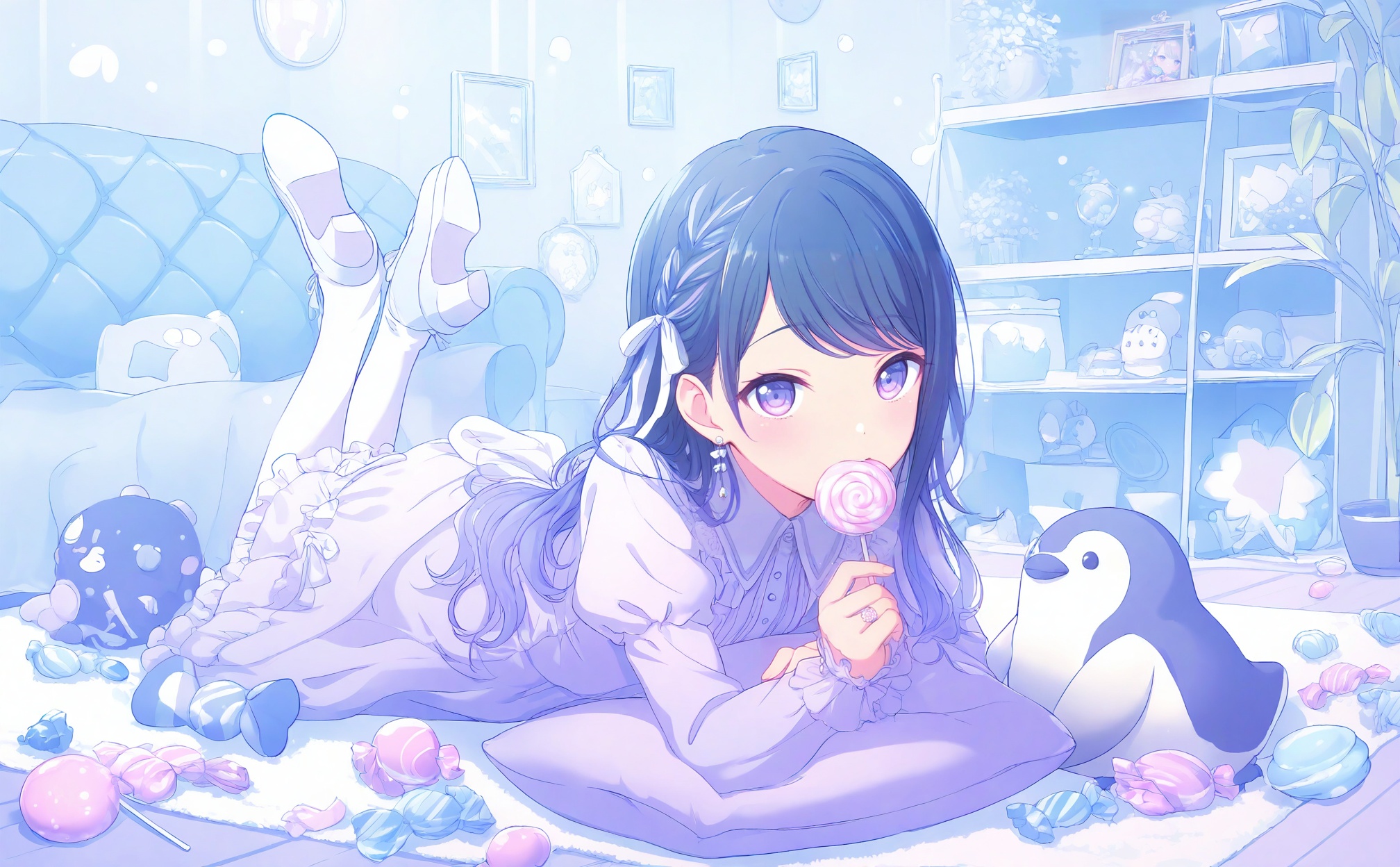 masterpiece,highres,absurdres,newest,best quality,loli,petite,high quality,chromatic_aberration,//,1girl,lollipop,candy,holding_lollipop,holding_candy,food,stuffed_penguin,on_stomach,lamp,solo,dress,blue_hair,penguin,stuffed_toy,jewelry,holding_food,lying,holding,blue_theme,picture_frame,puffy_sleeves,looking_at_viewer,stuffed_animal,earrings,desk_lamp,long_sleeves,ribbon,pastel_colors,feet_up,pillow,white_ribbon,swirl_lollipop,juliet_sleeves,long_hair,bow,the_pose,legs_up,pantyhose,purple_theme,hair_bow,frills,purple_eyes,frilled_dress,indoors,white_bow,shelf,cup,jar,swept_bangs,bird,character_doll,hair_ribbon,book,multicolored_hair,blue_eyes,full_body,bedroom,puffy_long_sleeves,ring,covering_own_mouth,purple_dress,braid,collared_dress,official_alternate_hairstyle,teddy_bear,macaron,cushion,dot_nose,eating,gradient_hair,white_footwear,carpet,candy_wrapper,stuffed_cat,potted_plant,lace-trimmed_dress,plant,shirt,shoes,fingernails,flower,television,high_heels,hair_ornament,drawing_\(object\),sweets,//,<lora:PJSKcg925——【NOOB】hans:0.8>,