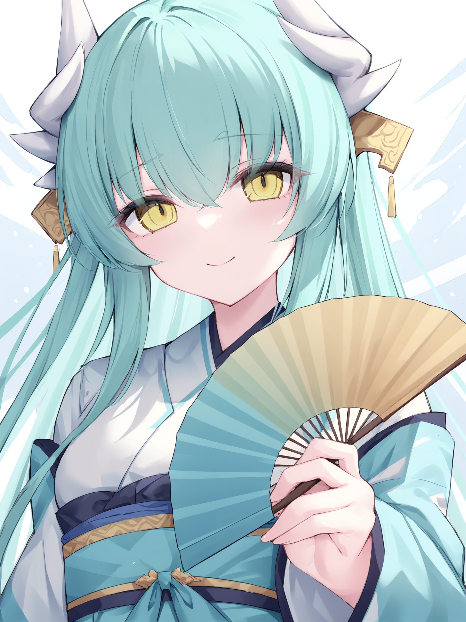 (masterpiece),(bestquality),1girl,kiyohime \(fate\),solo,best quality,detailed,upper body,looking at viewer,holding fan,smile,dragon horns,closed mouth,yellow eyes,green eyes,hair between eyes,eyebrows visible through hair,long hair,green hair,aqua hair,bangs,kimono,wide sleeves,obi,folding fan,dragon girl,shaded face,<lora:heyiling-v3-000014:0.8>,ringed eyes
