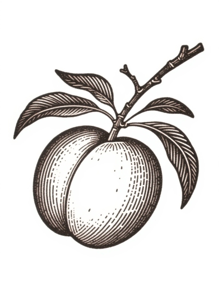 mdhsas,woodcut printing.A vintage, engraving-style illustration of a peach on a branch. The peach is round and plump, with a slightly wrinkled texture. The branch is thin and has several leaves. The background is plain white. The illustration is in black and white.<lora:S-T-版画设计-S1.4:1>