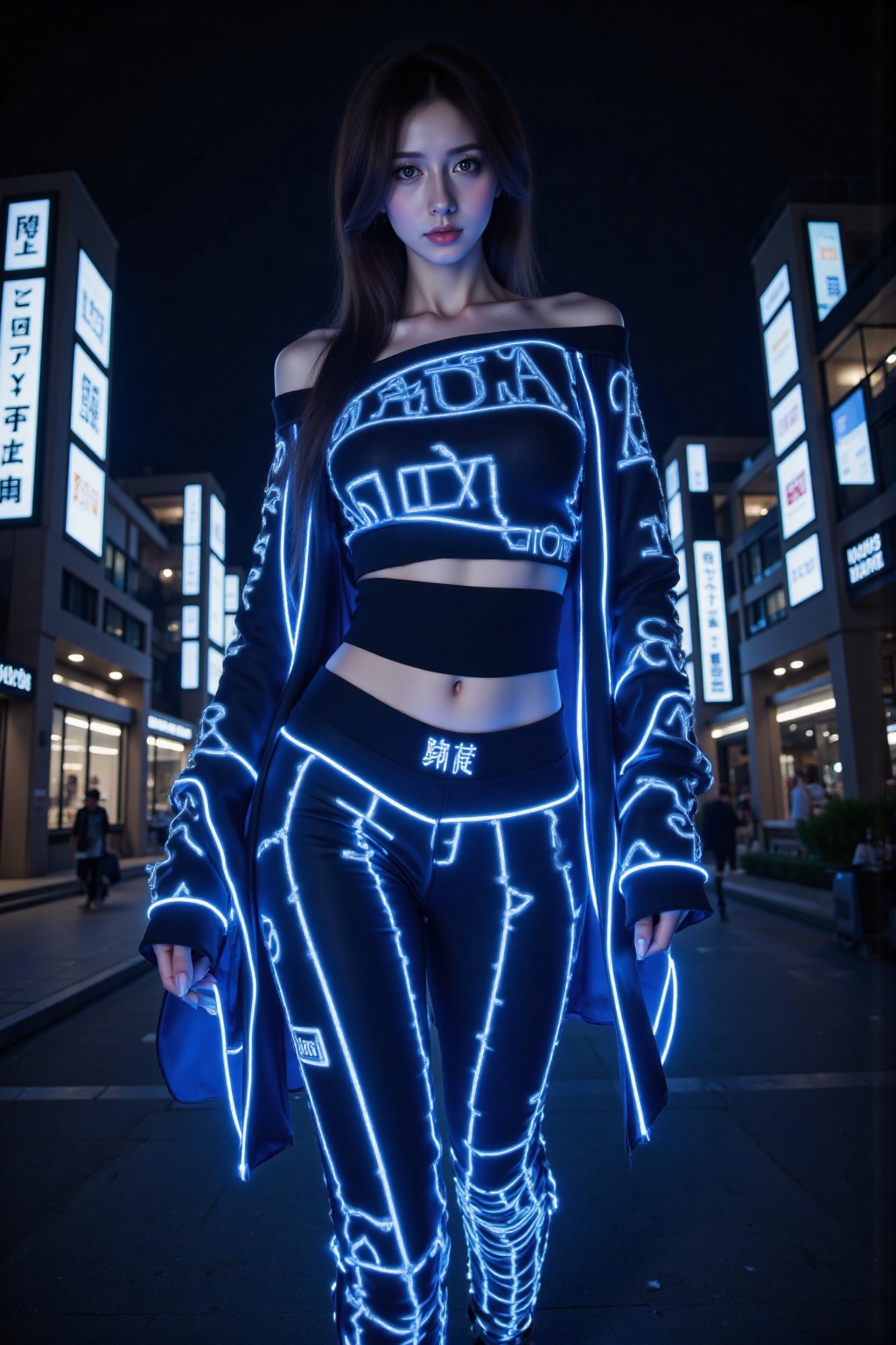 model,masterpiece,best quality,high quality,Cyberpunk,Cyberpunk electronic luminous clothing,full body multi luminous line light strips,full body multi luminous text,1girl,solo,Cyberpunk luminous electronic pattern lines and multi luminous text Hanfu,off shoulder,long sleeved,wrist guard,Cyberpunk luminous electronic pattern line pants,surrounded by multiple luminous light strips,upper body,calf above,slanted side,looking at the camera,outdoors,luminous buildings,