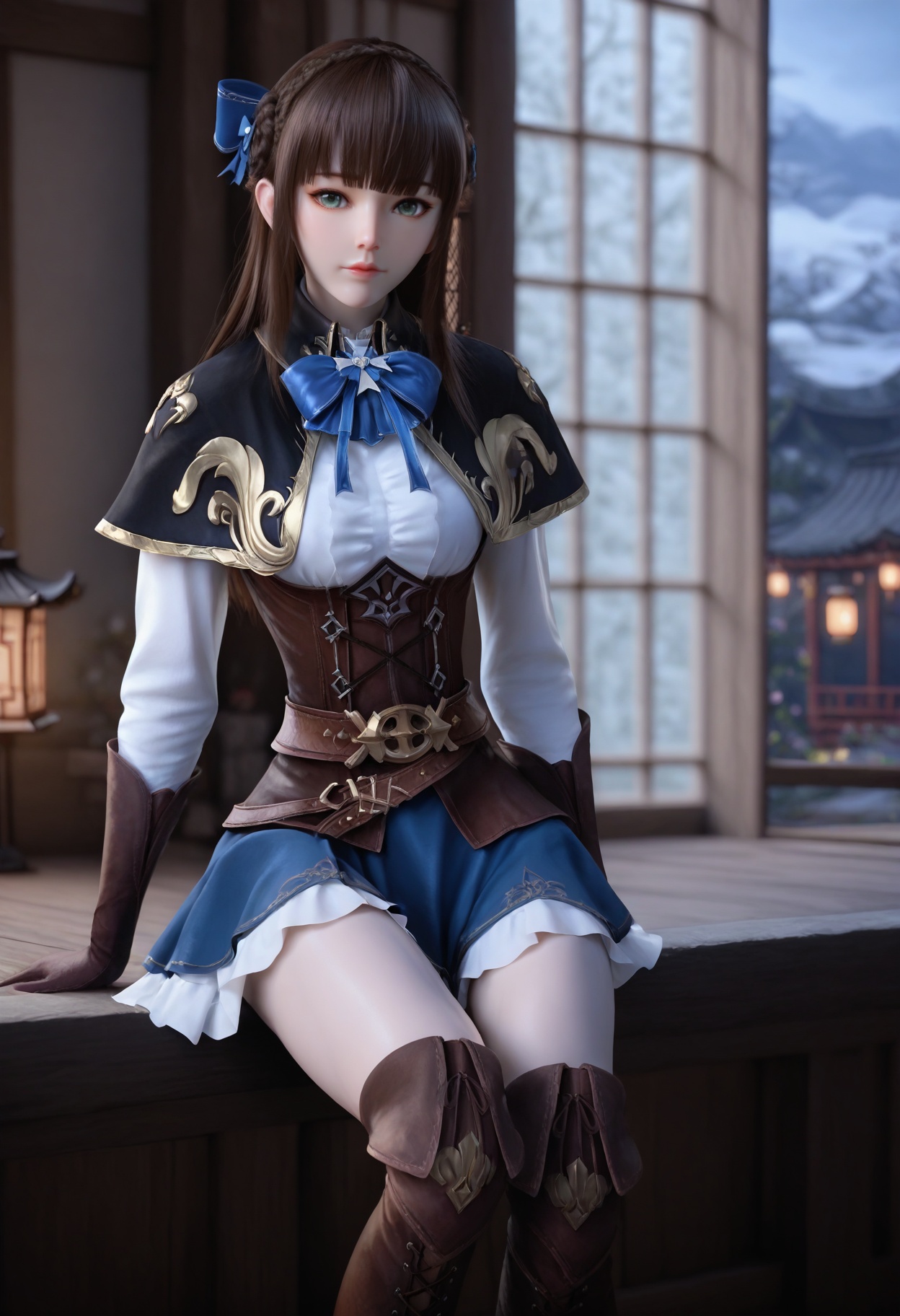 Rui_beika,1girl,blurry background,bangs,brown hair,blunt bangs,cowboy shot,braid,green eyes,crown braid,<lora:Rui_beika_10_illu-000014:0.75>,white shirt,brown elbow gloves,corset,blue bow,belt,blue ribbon,long sleeves,hair ribbon,hair bow,capelet,bowtie,thigh boots,brown footwear,blue skirt,cross-laced footwear,leather boots,photorealistic,hyperrealistic,<lora:realistic filter [IL]:1>,(pale skin:0.7),looking at viewer,sitting,(very thin thighs,slim thighs,skinny,slender thighs:1.5),lantern,open window,looking at viewer,indoors,mountains,blossoms,flowers,east asian architecture,beautiful sunrise,warm ambient temperature,