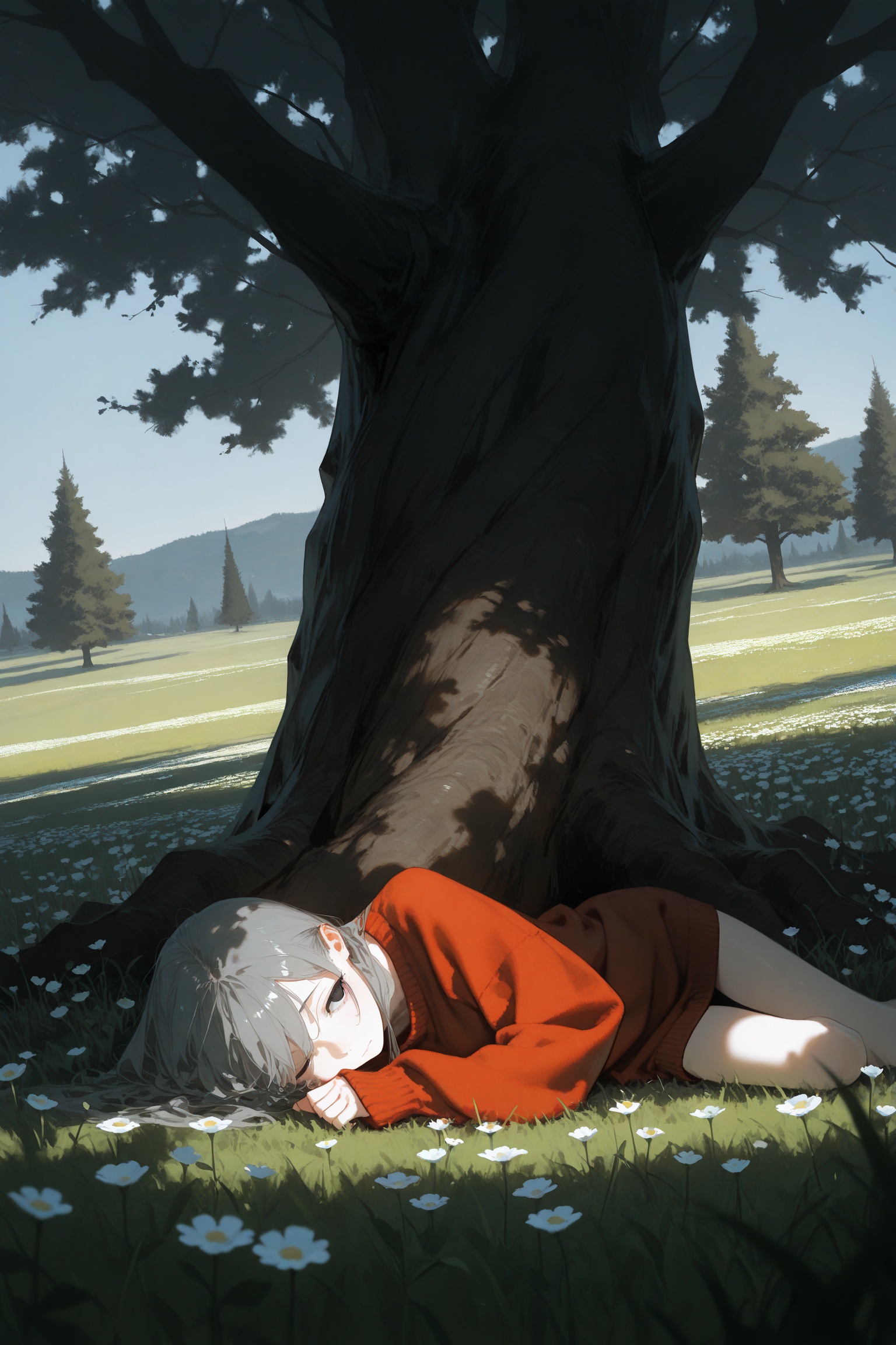 masterpiece,best quality,amazing quality,very aesthetic,absurdres,newest,(dino_(dinoartforame):0.5),(yoneyama mai:0.5),(Yomu:0.3),solo,1girl,long_hair,grey_hair,big tree,rich color,amazing light and shadow effects,the shadow of the tree falls on the girl's face,the girl is wearing a wide sweater,close one eye,lying beside a big tree,looking to the sky,reach out,the sun shone through the fingertips into the girl's eyes,in a meadow,flower,