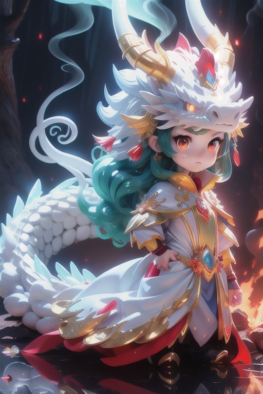 masterpiece,best quality,white crystal shining Dragon,shiny eyes,girl in (jk dress),smoke,dust,forest,detailed background,