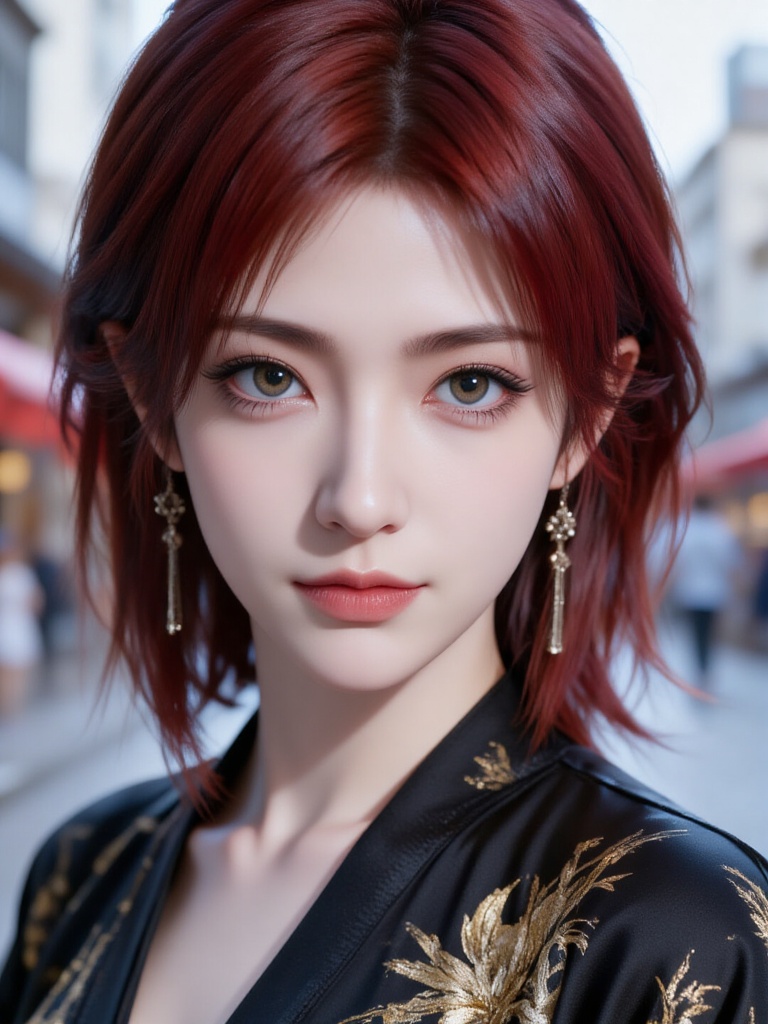 A photograph of a pale-skinned woman with striking red hair styled in a bob cut, wearing a black kimono adorned with gold floral patterns. She has large, expressive eyes with dramatic black eyeliner and a neutral expression. The background is blurred, suggesting an urban setting., Steps: 30, Sampler: Euler, CFG scale: 3.5, Seed: 2793731191, Size: 768x1024, Model hash: f303b7601a56500301a9331622d6c3bad39be8ec7fd75b86392dc62288f41d0a, Model: ZOZ_人像特摄_写实_00001_.safetensors, Denoising strength: 0, RNG: CPU, Lora 1: ZOZ_国漫.safetensors, Lora Hash 1: 6e7c10ec35f71b3cdb57582a04b8182b678a2ae2b3d430e357e0674079d60934, Lora Weight 1: 0.8, vae_name: automatic