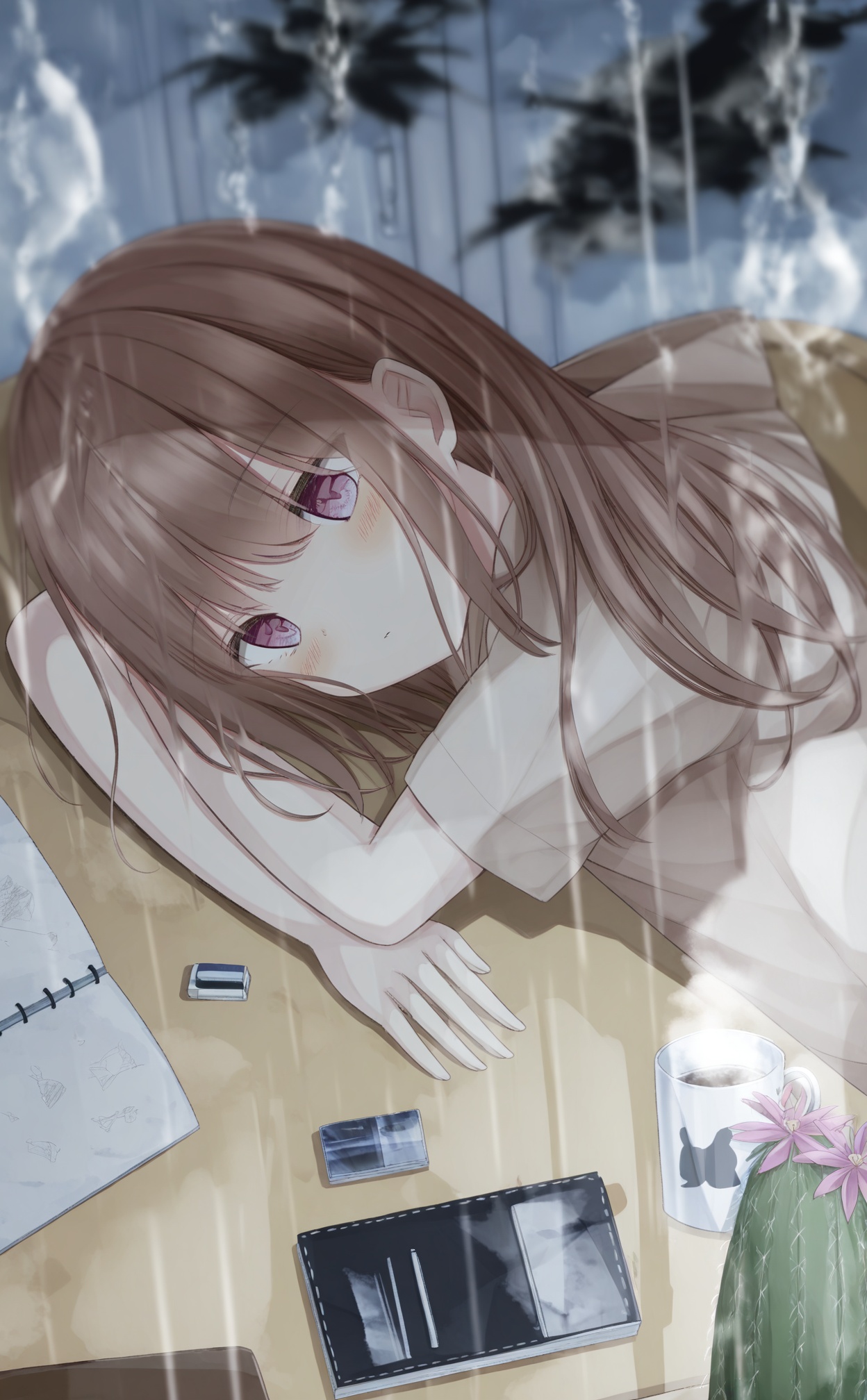 masterpiece,absurdres,best quality,loli,petite,high quality,//,eraser,1girl,brown_hair,long_hair,mug,hood,blush,hoodie,pencil,cup,purple_eyes,flower,blurry,solo,blurry_foreground,short_sleeves,indoors,steam,hood_down,plant,closed_mouth,table,coffee_mug,brown_hoodie,notebook,depth_of_field,rain,pen,looking_at_viewer,mechanical_pencil,upper_body,pencil_case,desk,white_hoodie,coffee,//,<lora:千道センリ2——【noob】hans:1>,