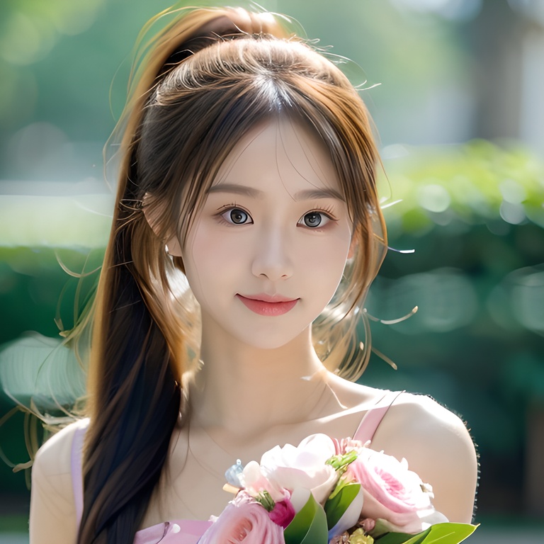 1girl,moyou,double ponytail,twintails,heart hair ornament,Ultra-realistic 8k CG,masterpiece,best quality,(photorealistic:1.4),HDR,absurdres,Professional,RAW photo,lens flare,(film grain:1.1),Bokeh,((Depth of field)),studio light,a woman in a pink dress holding a bouquet of flowers in front of a mirror and a pink background,1girl,blonde_hair,bouquet,flower,lips,long_hair,looking_at_viewer,pink_dress,smile,solo,Highly detailed,Professional,extreme detail description; <lora:20231116-1700127800900:0.8>