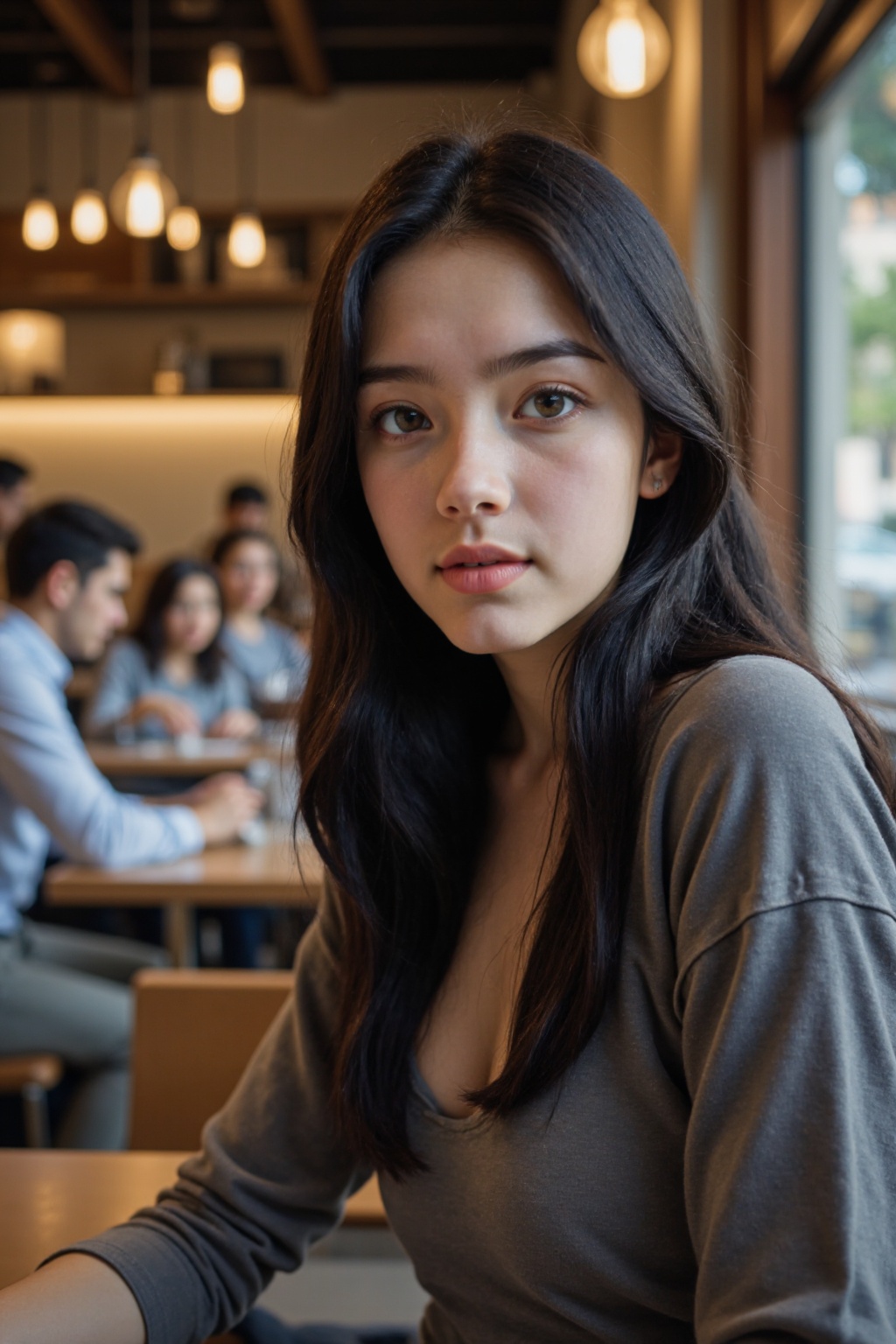 This photograph captures a young woman with black long hair, and a slender physique, seated in a modern, warmly lit restaurant. She wears a long-sleeved clothes. In the background, other patrons, including a man in a shirt, are seated at tables. The decor features contemporary lighting fixtures and a mix of wood and metal accents. The atmosphere is casual yet sophisticated, with a focus on contemporary design and comfort.