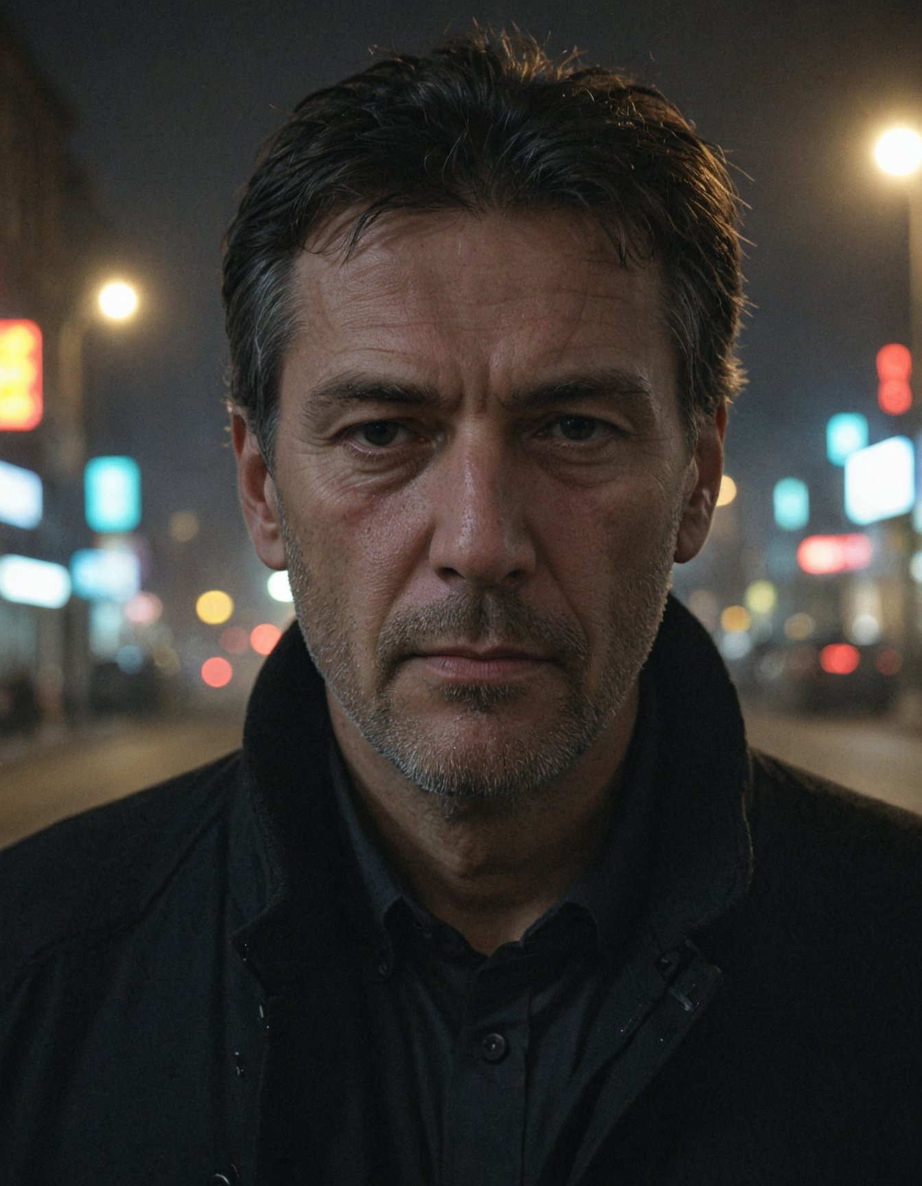 city street, neon, fog, volumetric, closeup photo of 50 y.o man in dark clothes, serious face