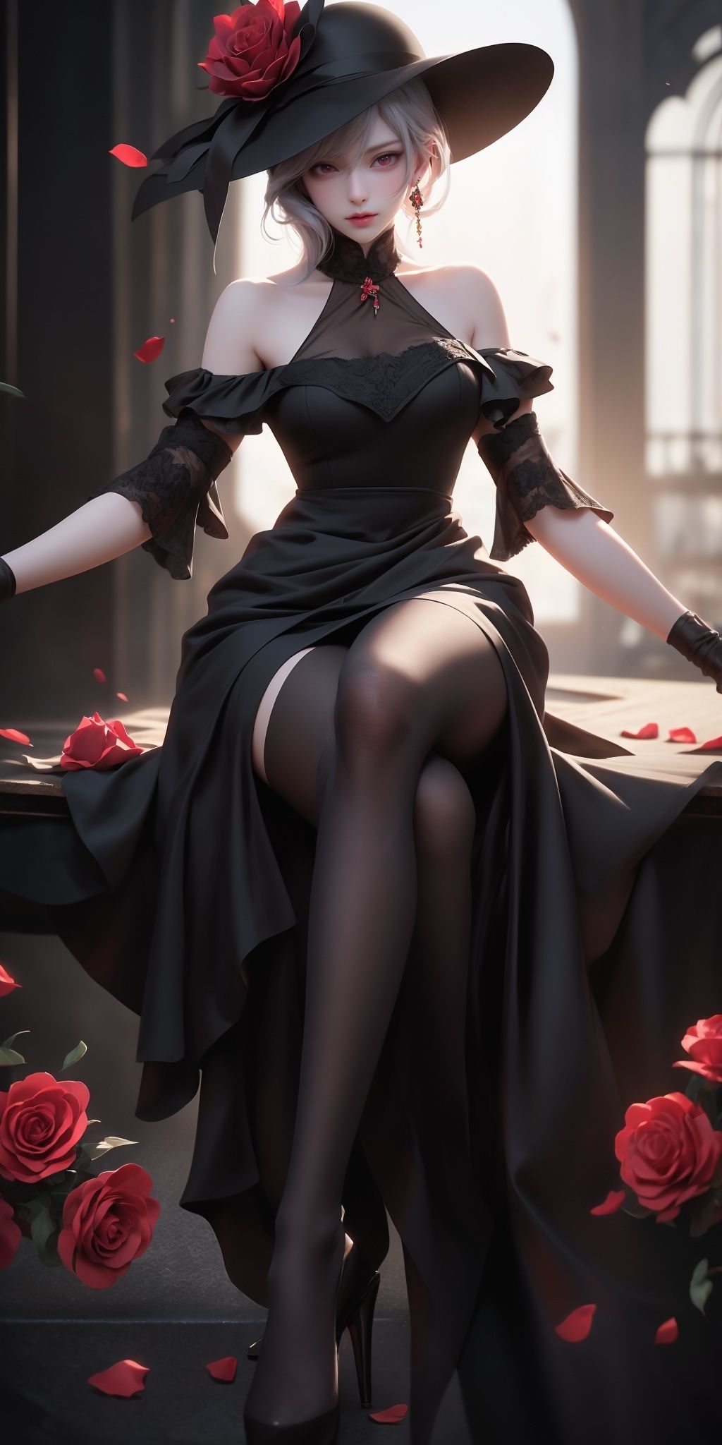 <lora:JING_20231202123551-000014:0.75>,JING,(black dress:1.2),(black pantyhose:1.3),high_heels,looking at viewer,hat,(red eyes:1.4),silver short hair,straight hair,hat flower,ulzzang-6500-v1.1,(sitting:1.5),, 8K raw photo,Best quality,masterpiece,ultra high res,(photorealistic:1.4),raw photo,1girl,(tall female:1.3),skinny,(upper body:1.2),slim_legs,solo,(perfect body shape:1.1),The face is symmetrical and looking directly at the camera,powerful expression,energetic asymmetrical layout,(interplay of sunlight and shadows:1.3),