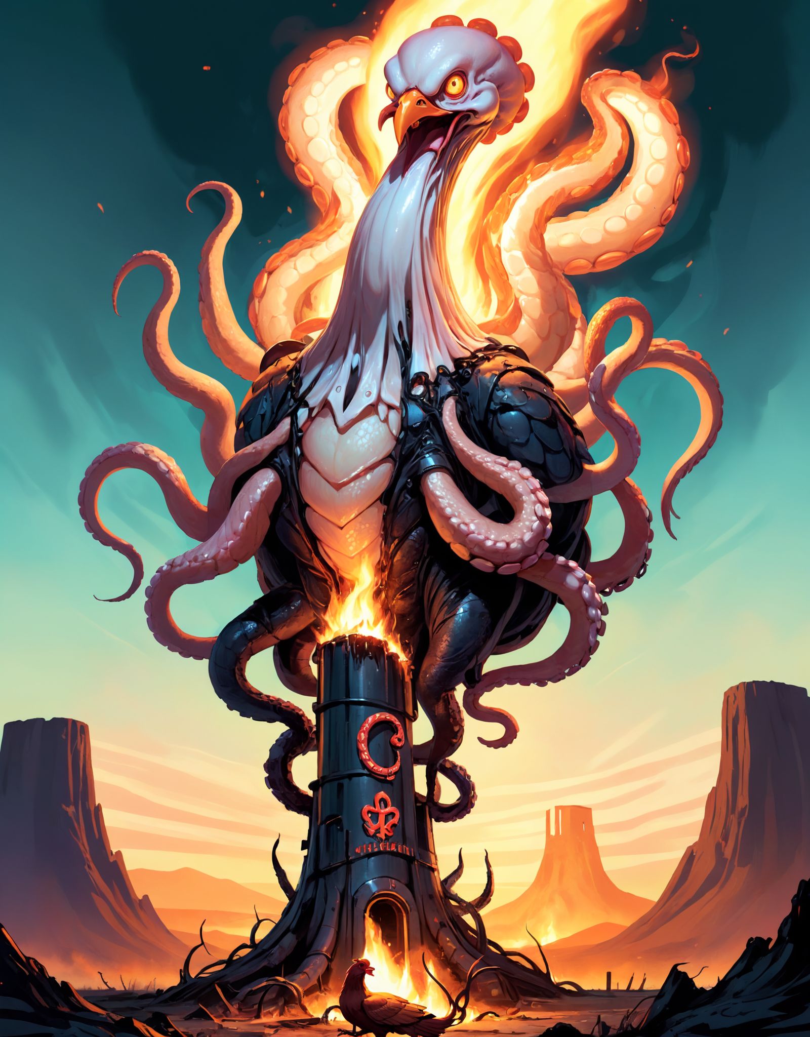 Illustration of a monstrous,  tentacled entity towering over a post-apocalyptic landscape,  with its serpentine limbs reac...