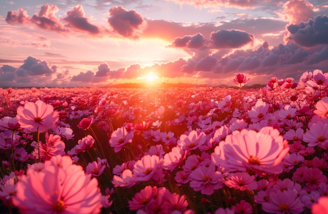 Flower sea,  masterpiece, charming visual effects, dreamy world, depth of field,  still life, Realistic, flower, outdoors, sky, cloud, no humans, ocean, cloudy sky, red flower, scenery, sunset, sun, horizon, field, flower field, red sky