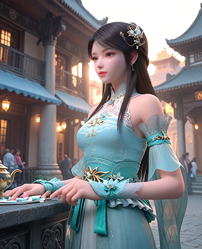 (oriental architecture, elegant decor, sophisticated style:1.1),(golfing:1.1),(breasts:1.2),<lora:XL斗破苍穹箫薰儿绿衣:0.95>,miss xuner,aqua dress,see-through fart curtain with white petticoat underneath,brown eyes,black hair,long hair,sash,hair ornament,detached see-through sleeves,earrings,jewelry,bare shoulders,wrist cuffs,, score_9,score_8_up,score_7_up,score_6_up,score_5_up,score_4_up,3d rendering,tag1,tag2, Cinematic Lighting,backlighting,