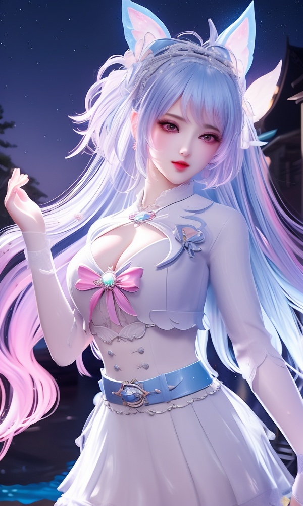 (,1girl, ,best quality, ),looking at viewer, <lora:480-DA-斗罗大陆-永劫无间-唐舞桐:0.8> ,ultra detailed background,ultra detailed background,ultra realistic 8k cg,, ,masterpiece, (( , )),, ,   ,   cure blossom, full moon,night,night sky,  (cleavage), (), ,,