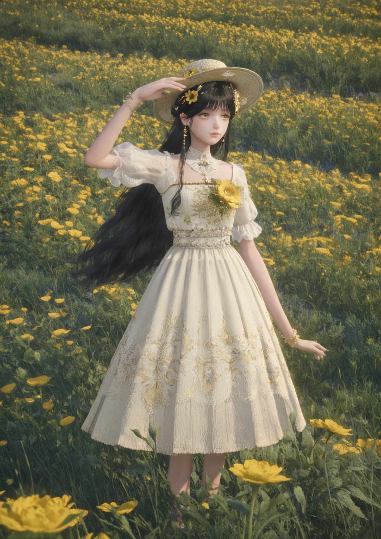 score_10,score_9,score_8_up,score_7_up,1girl,Nikki,solo,long hair,black hair,field,flower,hair ornament,outdoors,white skirt,skirt,yellow flower,jewelry,hat,bracelet,dress,