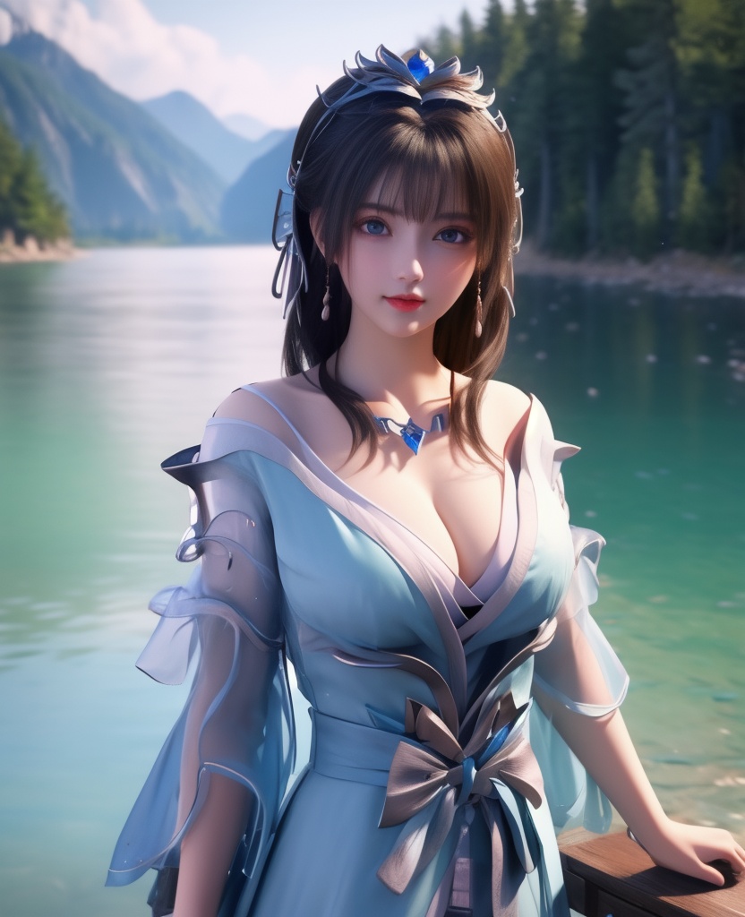 <lora:568-DA-星辰变-姜妍:0.8>(,1girl, ,best quality, ),looking at viewer,  ,ultra detailed 8k cg, ultra detailed background,  ,masterpiece, (( , )) , lake,upper body,   (cleavage), (),