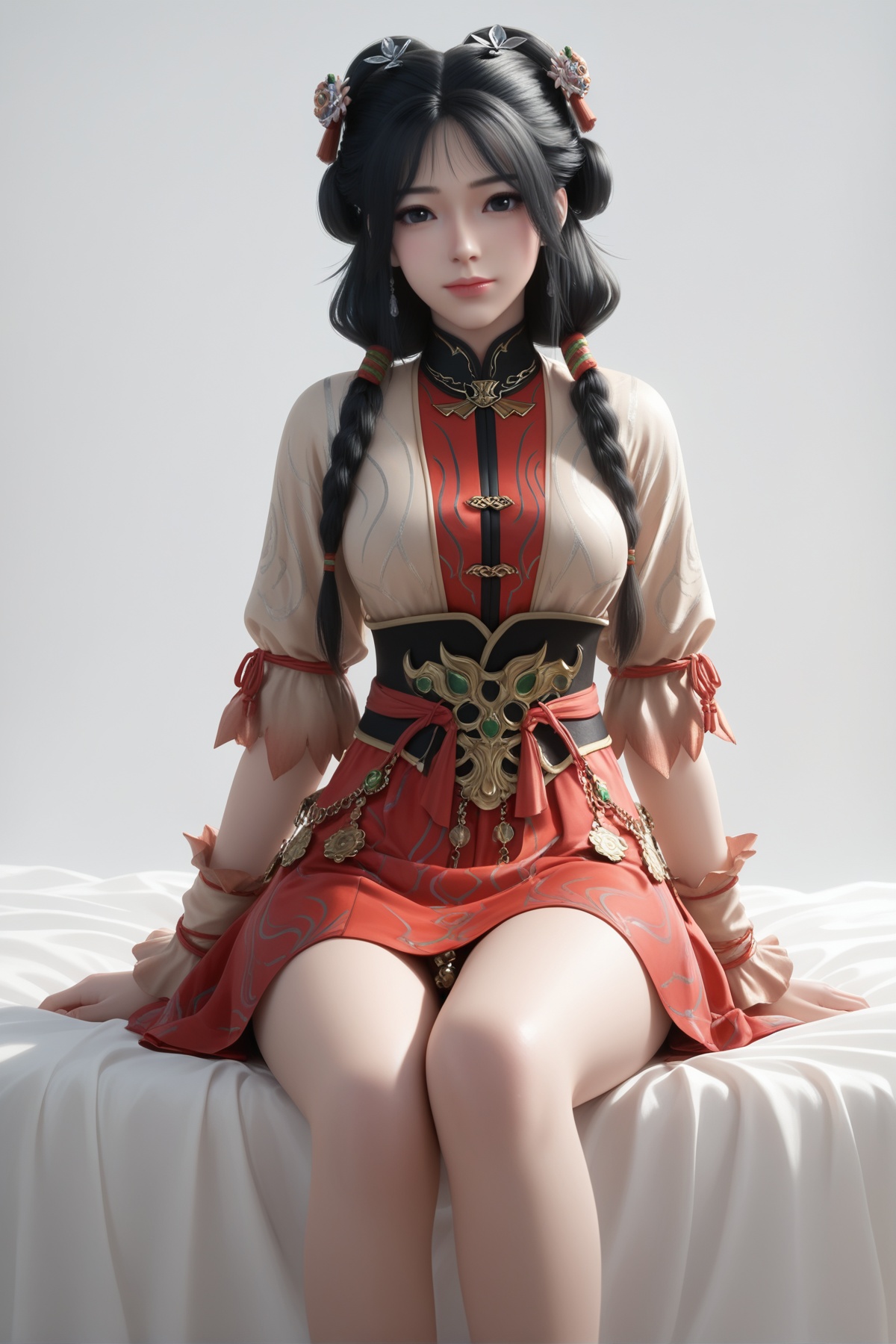 masterpiece,best quality,realistic,cinematic,detail eyes,(ultra-detailed),perfect composition,intricate details,absurdres,detailed face,high quality,high res,8K,<lora:X_jinyuhuan_IL3.0:0.8>,black hair,black eyes,bunches,twin braids,1girl,long hair,breast,medium breast,hair_ornament,dress,bare_legs,sitting,simple background,white_background,bed,looking_at_viewer,