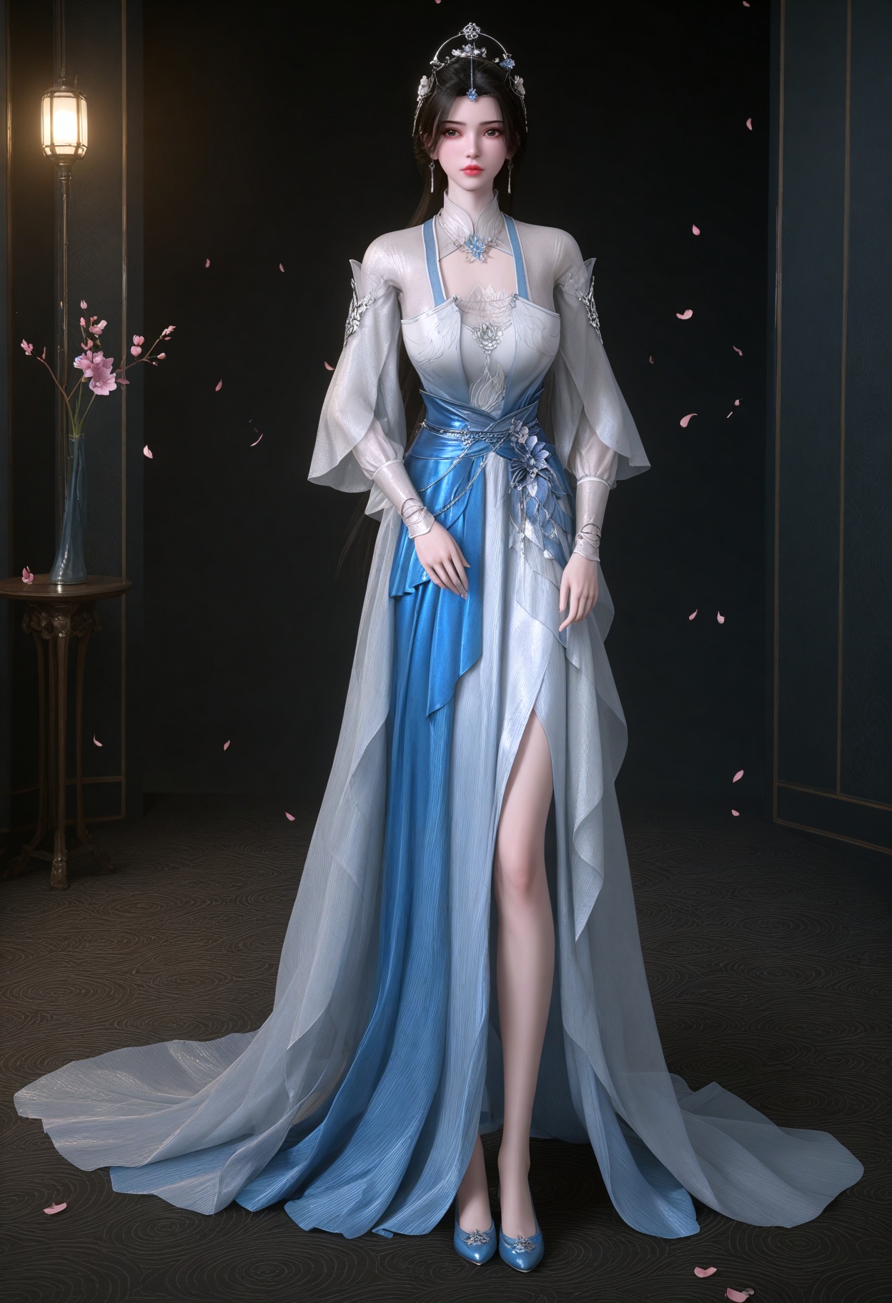 (full_body:1.1),(gigantic breasts:0.6),(slender:1.3),(looking_at_viewer:1.1),(masterpiece:1.1),(best quality:1.2),(intricate details),(smog:1.3),(Dark room:1.3),(dim lighting:1.3),peach blossom,falling petals,<lora:YQ_Illustrious光辉v5_李慕婉白衣_V1:0.8>,(q1528437228:1.1),solo,1girl,black_hair,hair_ornament,long_hair,jewelry,dress,earrings,white_dress,sash,long_sleeves,chinese_clothes,hair_bun,tiara,veil,bracelet,flower,clothing_cutout,see-through,ponytail,see-through_sleeves,single_hair_bun,blue_dress,blue_footwear,masterpiece,(best quality),(intricate details:0.9) BREAK (intricate details:0.9),(realistic skin:1.2),masterpiece,best quality,newest,absurdres,hiahres,