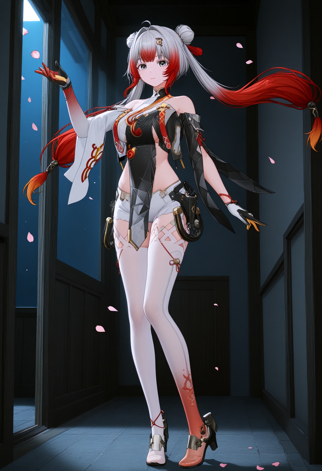 (standing full_body:1.1),looking at viewer:1.1,masterpiece,(best quality),(mutated_hands:-1.2),(bad hands:-1.2),smog,Dark room,dim lighting,peach blossom,falling petals,<lora:YQ_Illustrious光辉二次元v1_卜卜_V1:0.8>,q1528437228,1girl,solo,red hair,multicolored hair,grey hair,long hair,hair ornament,gradient hair,hair bun,double bun,chinese clothes,twintails,grey eyes,dress,detached sleeves,gloves,hair intakes,thighhighs,white pantyhose,white thighhighs,shorts,high heels,two-tone hair,pelvic curtain,thighs,white shorts,