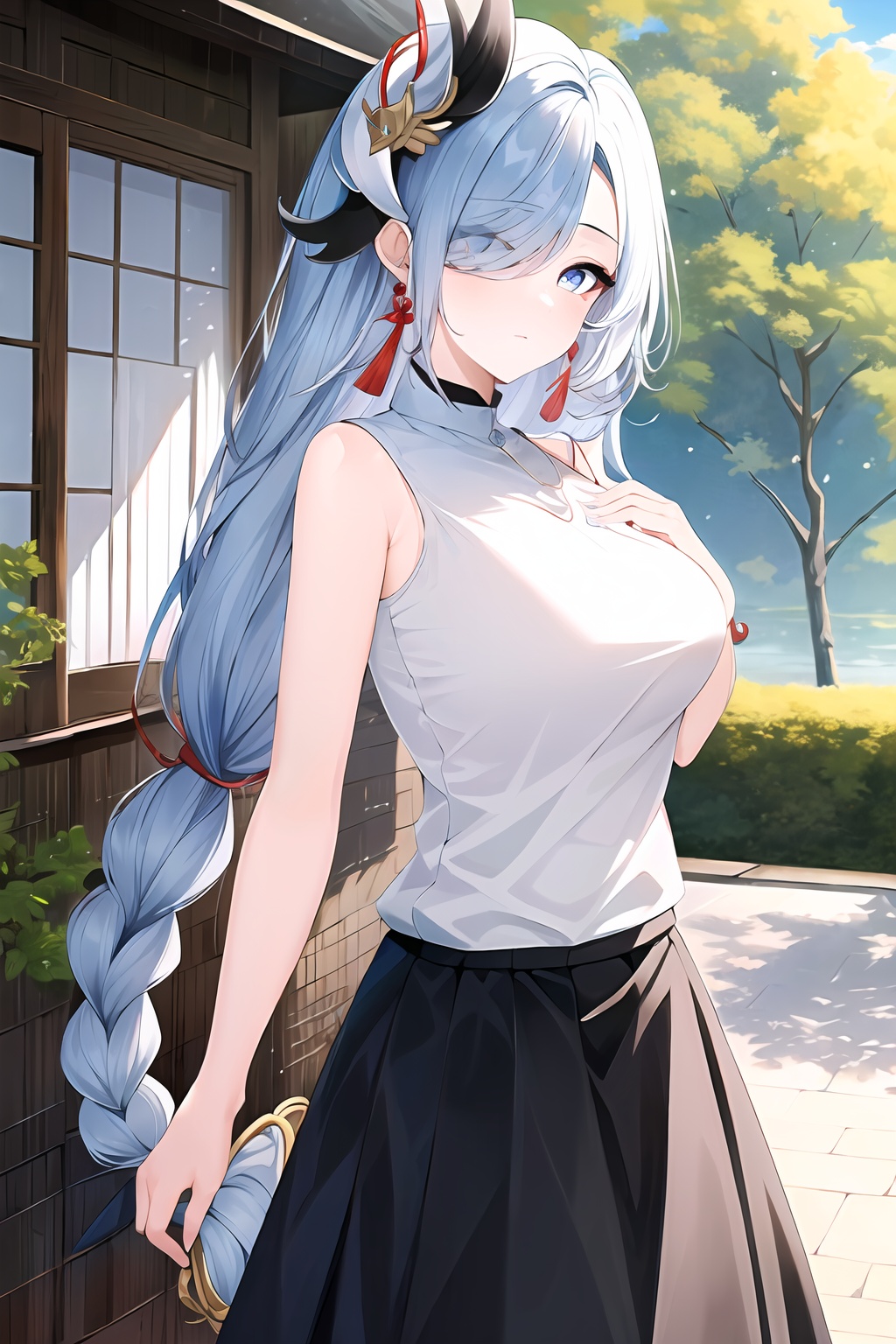 (masterpiece, best quality:1.2),insanely detailed,absurdres,ultra-highres,ultra-detailed,best quality,slender,kawaii,perfect symmetrical face,ultra cute girl,ultra cute face,ultra detailed eyes,ultra cute,ultra beautifu,<lora:shenheh-000001:1>,shenhe\(heytea\),shenhe \(genshin impact\),1girl,solo,hair over one eye,long hair,braid,sleeveless,earrings,black skirt,alternate costume,long skirt,breasts,grey hair,grey eyes,shirt,sleeveless shirt,white shirt,high heels,braided ponytail,tassel earrings,outdoors,standing,multicolored eyes,hairband,