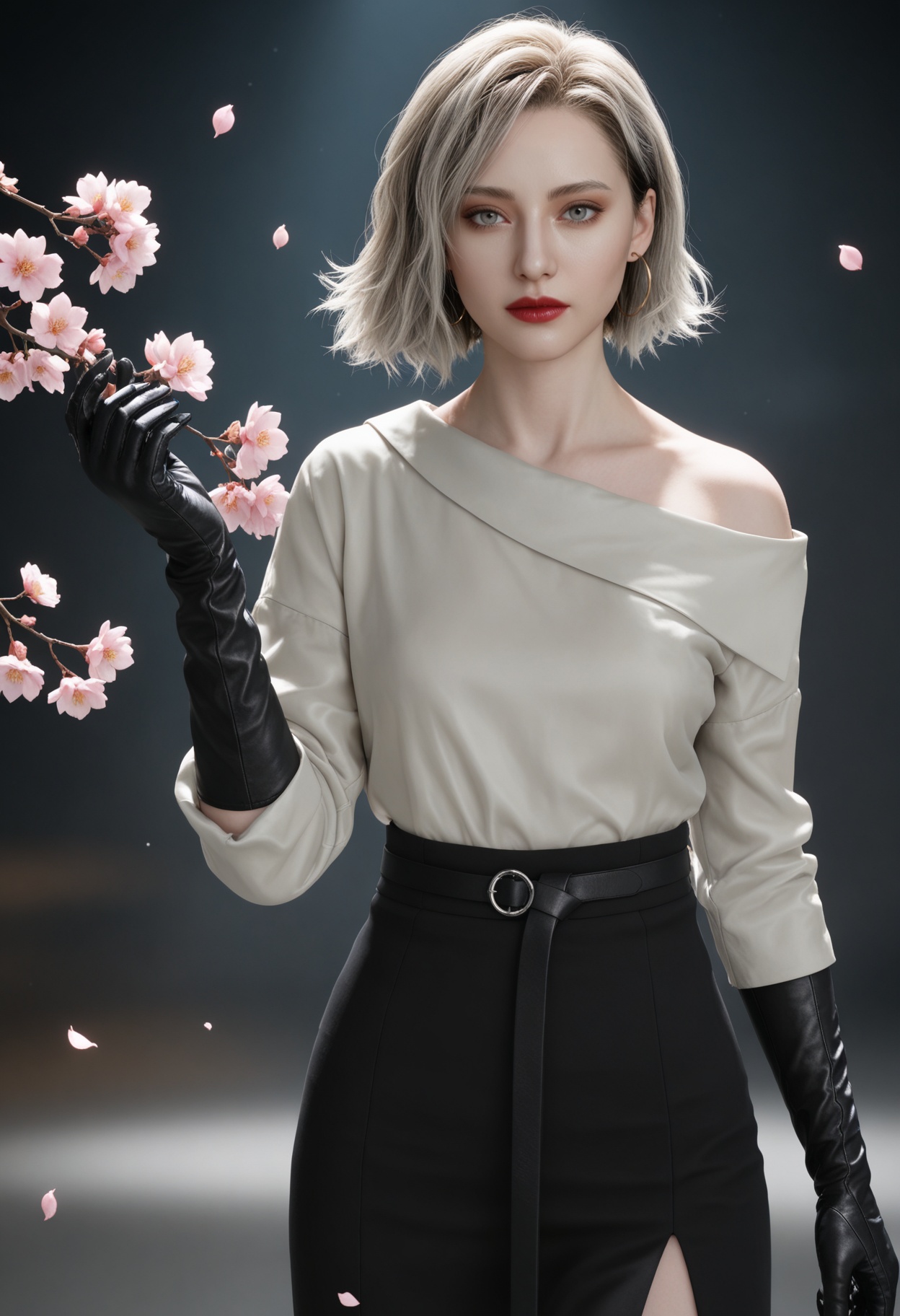 (cowboy shot:1.2),(looking at viewer:1.1),masterpiece,(best quality),smog,Dark room,dim lighting,peach blossom,falling petals,<lora:YQ_Illustrious光辉v5_格蕾丝_V1:0.8>,q1528437228,solo,1girl,short hair,shirt,earrings,jewelry,blonde hair,gloves,black gloves,white shirt,grey eyes,hoop earrings,skirt,grey hair,red lips,black skirt,belt,long sleeves,long skirt,brown eyes,pants,black footwear,black hair,boots,elbow gloves,lipstick,blue eyes,multicolored hair,off-shoulder shirt,