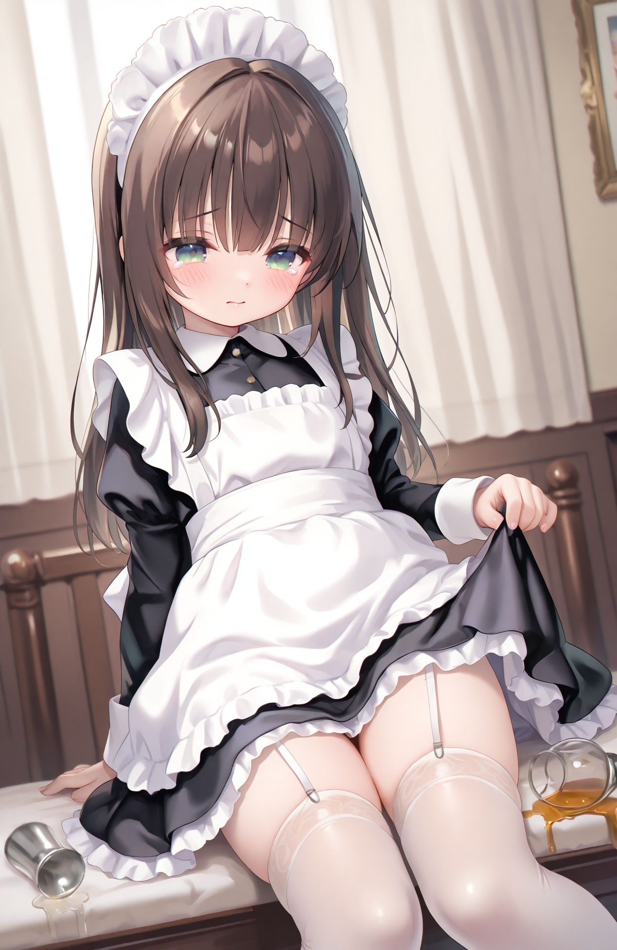 masterpiece,absurdres,best quality,petite,high quality,chromatic_aberration,loli,//,1girl, solo, thighhighs, maid, maid headdress, green eyes, white thighhighs, brown hair, long hair, apron, tears, long sleeves, indoors, sitting, bangs, dress, black dress, feet out of frame, white apron, garter straps, spill, curtains, blush, maid apron