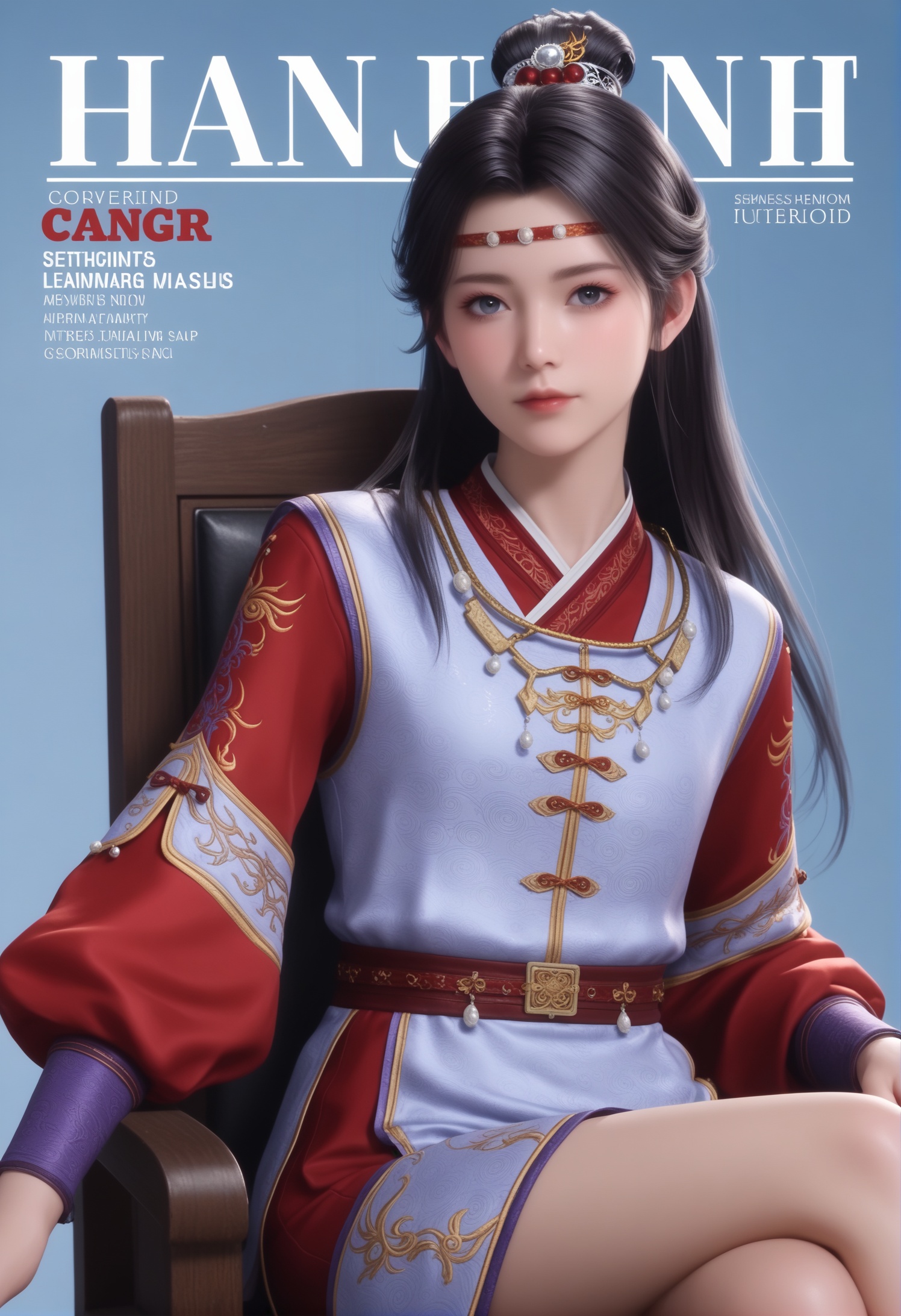 score_9,score_8_up,score_7_up,1girl,solo,realistic,(looking at viewer:1.1),crossed_legs,sitting,1girl,solo,realistic,solo,dress,hanfu,chinese clothes,red dress,long sleeves,belt,1girl,solo,realistic,jewelry,circlet,hair ornament,headband,head chain,necklace,1girl,solo,realistic,(mature face:1.2),big eye,pale_skin,shiny_skin,slender face,long hair,black hair,hair bun,black eyes,eyelashes,realistic,solid background,simple background,(magazine cover theme:0.95),(white chair:0.8),<lora:小巳-灵敏秀-七公子:0.8>,