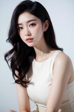 Korean fashion model with retro wavy oily hair, wearing fashionable design clothes, Korean girl looking frontally at the camera, without makeup highlighting the texture and pores of facial skin, full color picture, off-white solid color background