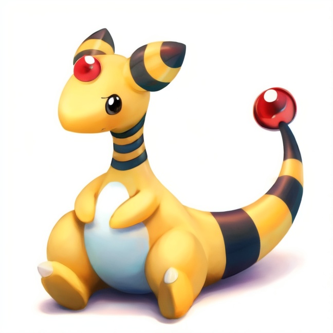 masterpiece,4k,ampharos,There is a red pearl on the head,There are red beads on the tail,Yellow skin,White abdomen,The yellow and black stripes on the ears,Yellow and black stripes on the neck,A toe 